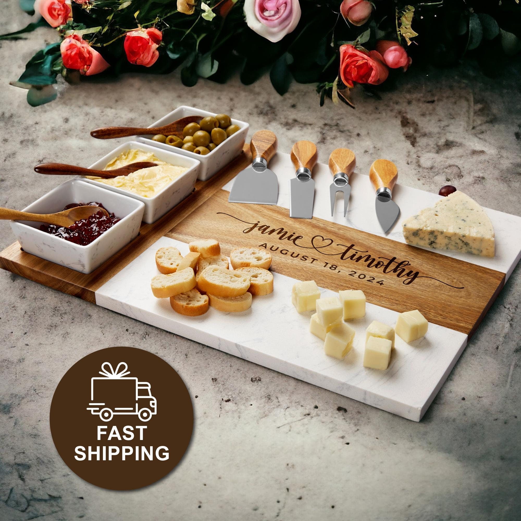 Personalized Marble Charcuterie Board Set – Custom Engraved Serving Board with Cheese Knives & Bowls