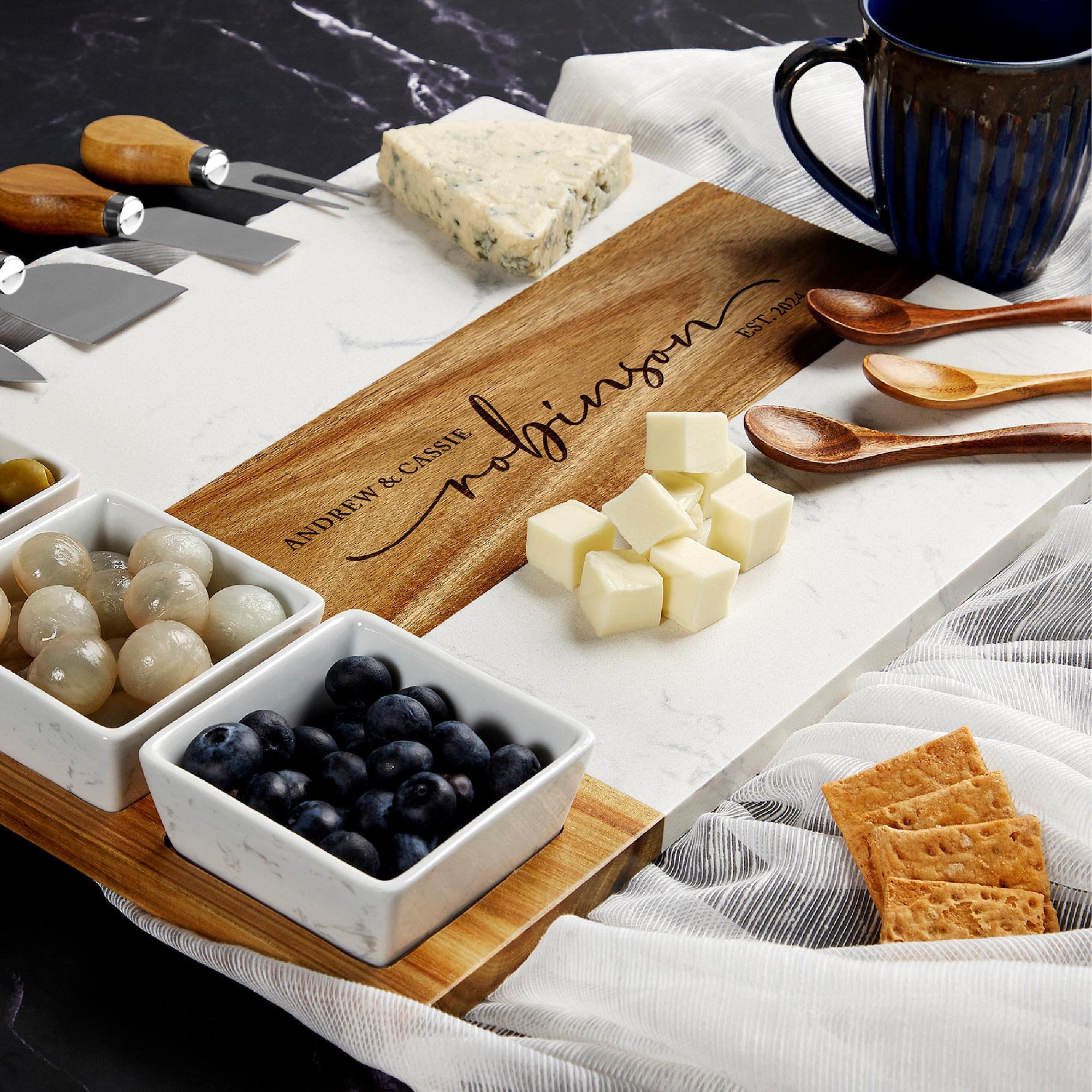 Personalized Marble Charcuterie Board Set – Custom Engraved Serving Board with Cheese Knives & Bowls