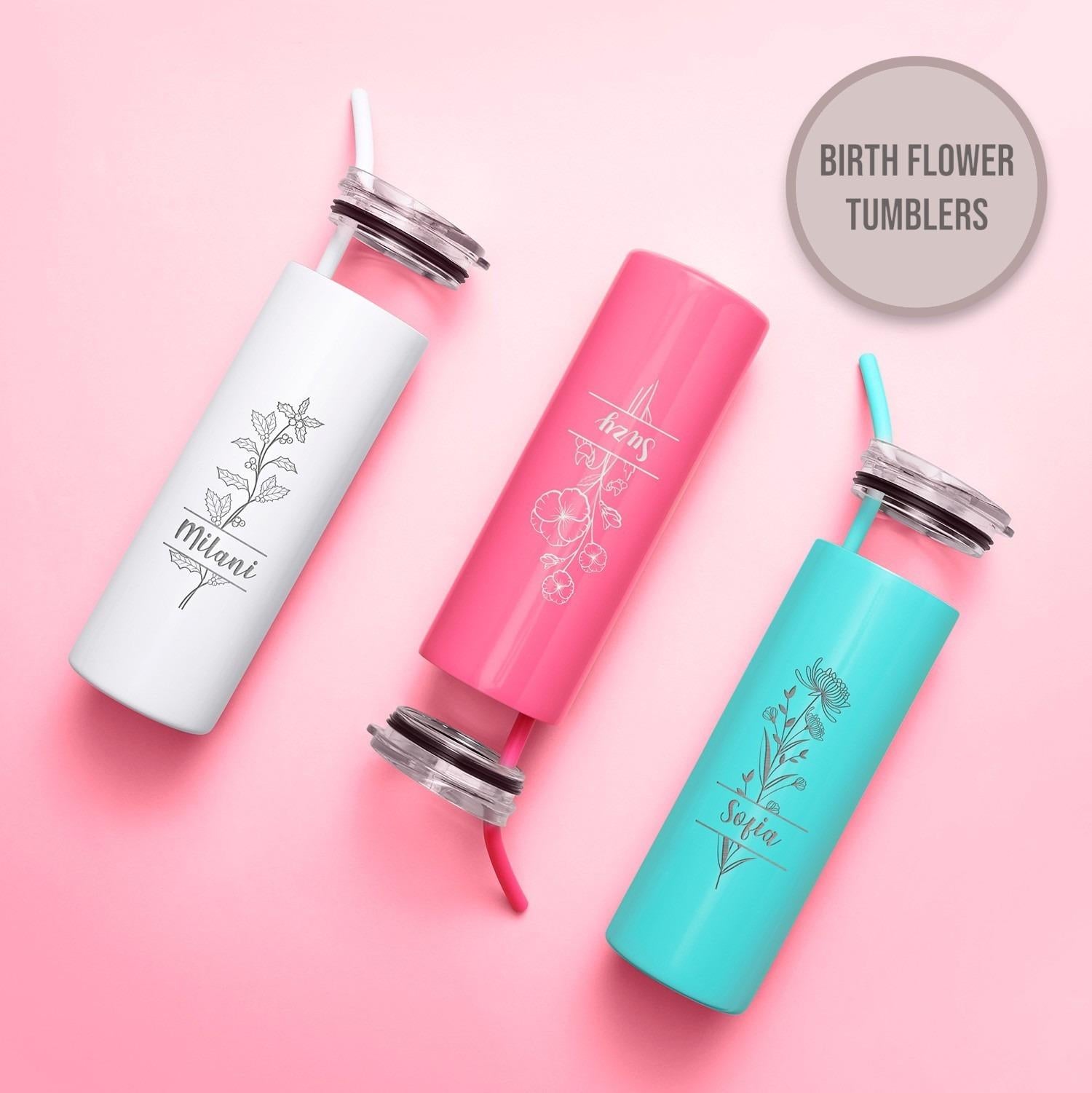 Personalized Split Birth Flower Skinny Tumbler, 20oz Laser Engraved Custom Tumbler Gift for her, Wife, Bridesmaid, Friend, Mother's day. #Custom Gift #GiftIdeas #PersonalizedGifts #Birthday Gift #Gift For Mom- ADD PERSONALIZATION IN THE NOTES