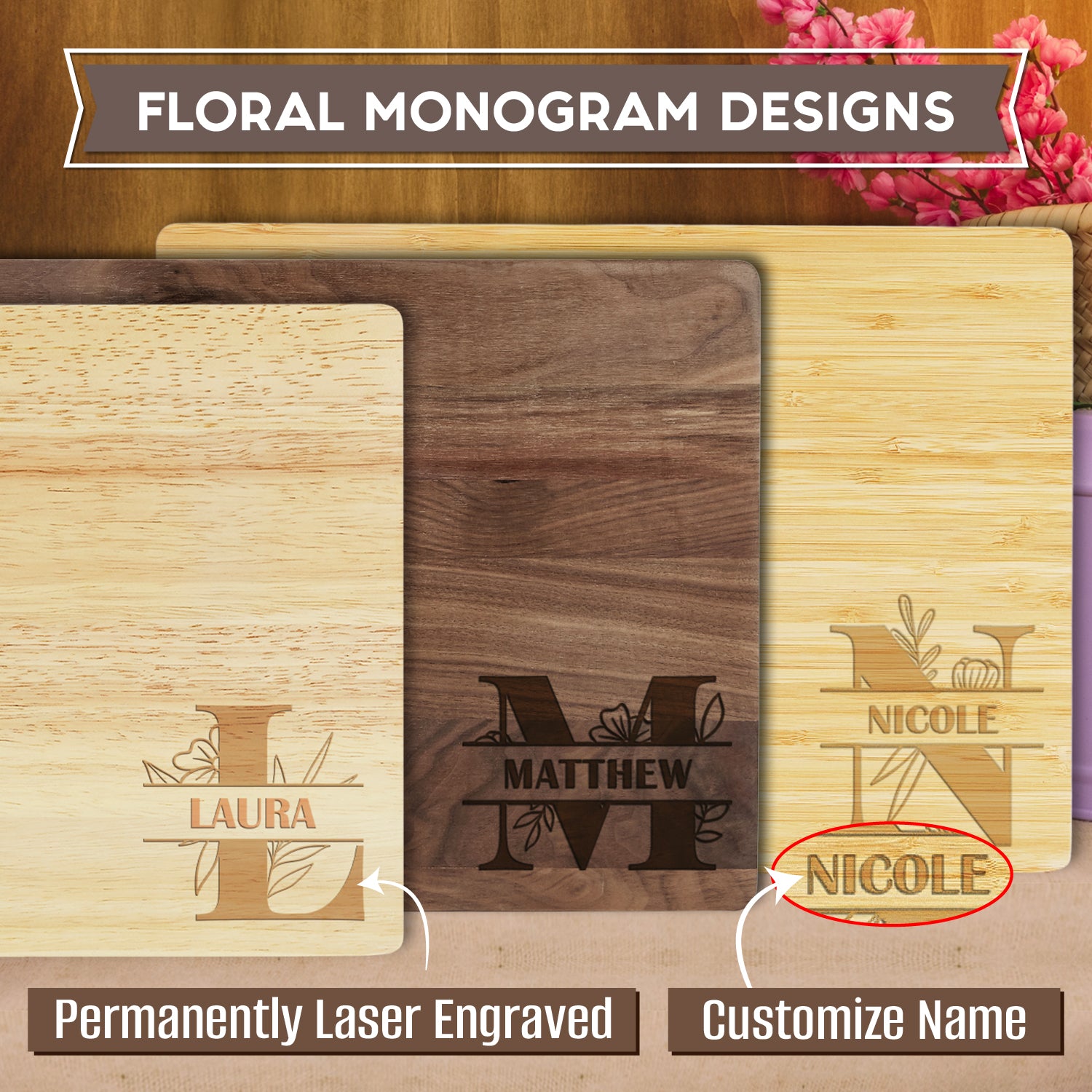 Custom Floral Monogram Cutting Board Wedding Gift for Couples, Housewarming Personalized Charcuterie Board Gift For Mom Grandma, Anniversary