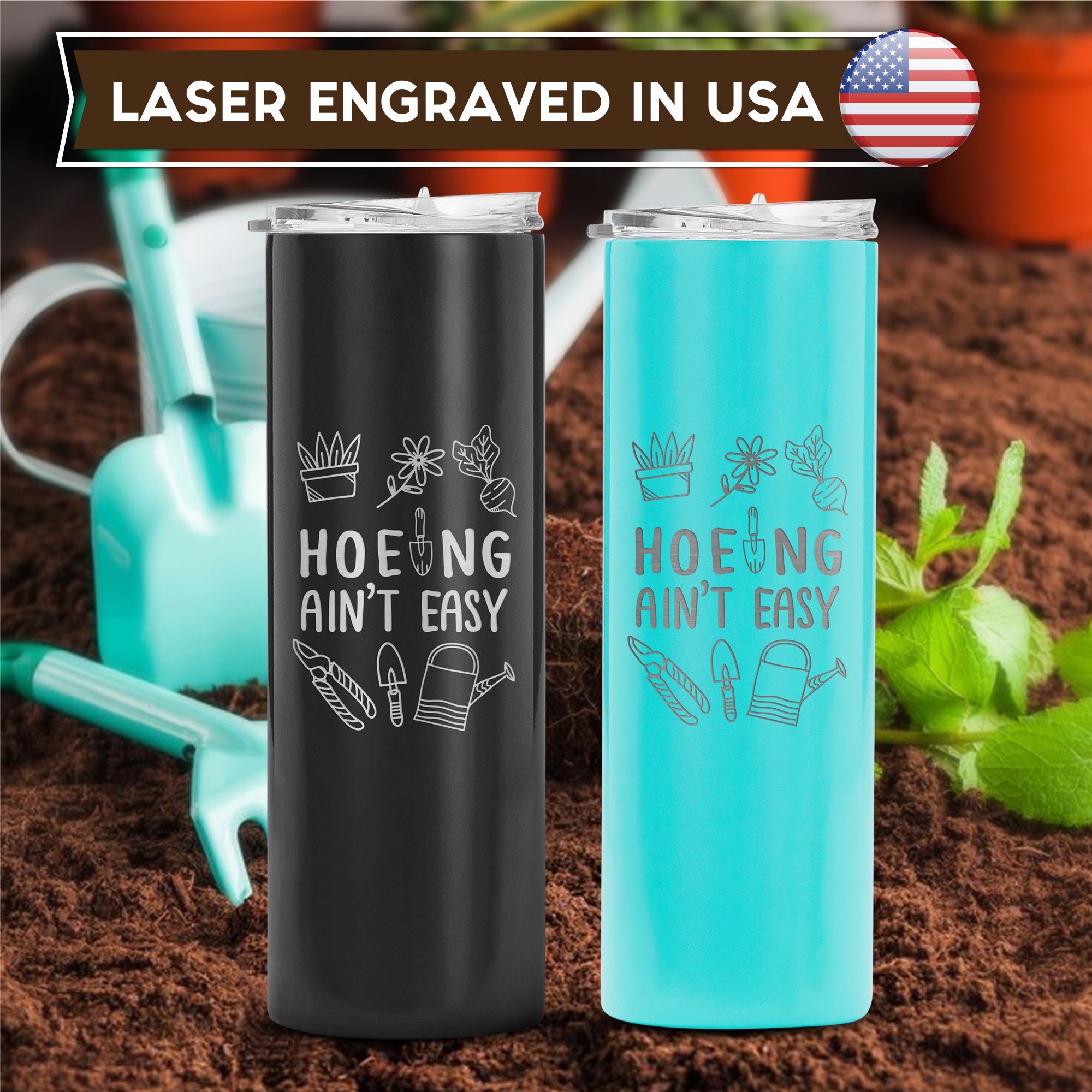 Hoeing Ain't Easy Gardening Tumbler With Lid and Straw 20oz Gardener Gift For Women Botanist Plant Lover Stainless Steel Cup Insulated Tumbler, Plant Lover Gifts, Gardener Gifts, Gifts for Gardening Lovers. #Personalized Gift #GardeningLife #PlantHumor
