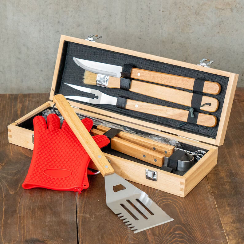 11 Piece BBQ Grill Set for Mancave with Personalization
