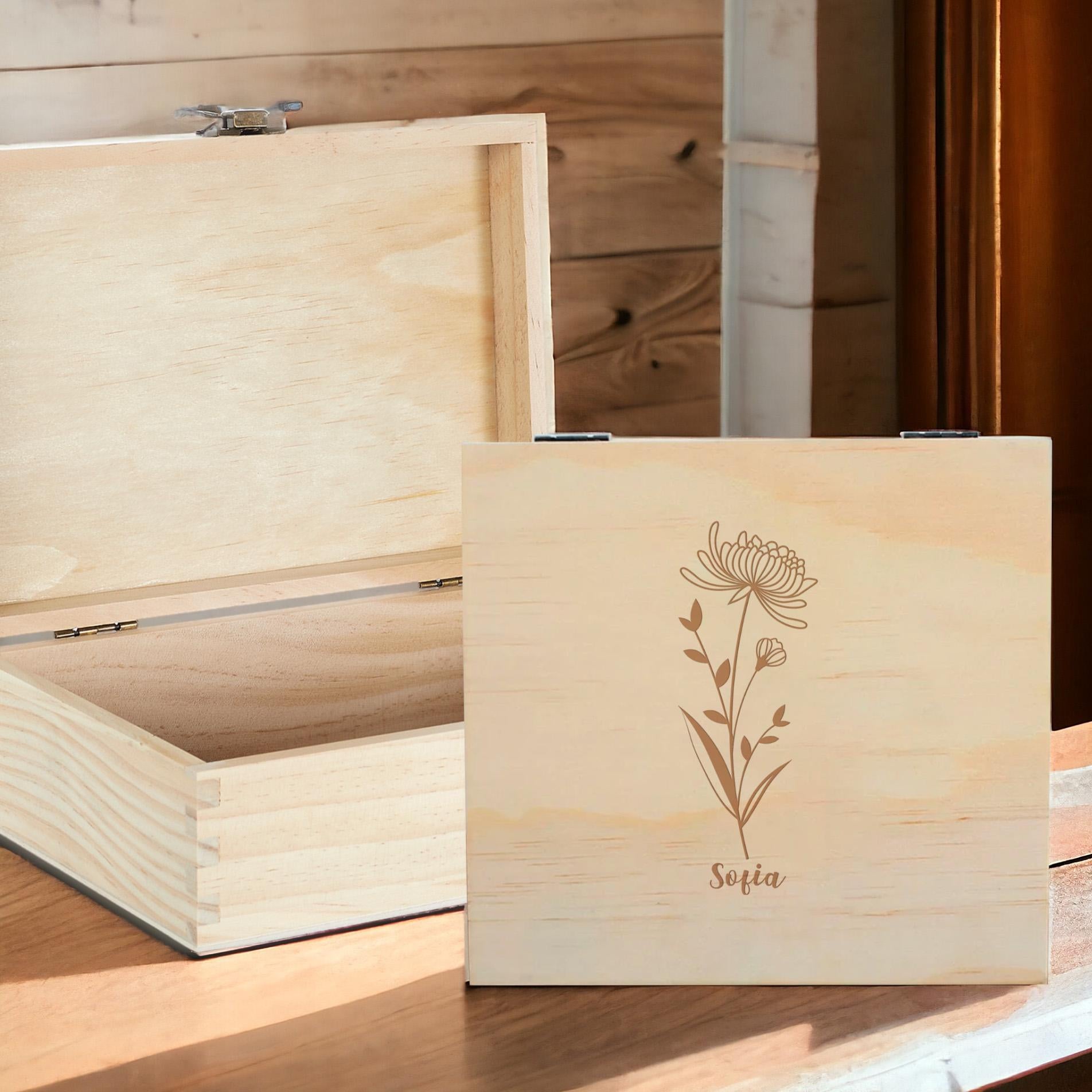 Personalized Birth Flower Birthday Keepsake Memories Wood Gift Box, Memory Box For Mom, Wedding Memory Chest, Anniversary Gift Box. #WeddingMemory #JewelryBox #CustomWoodBox -ADD PERSONALIZATION IN THE NOTES to the seller when you checkout