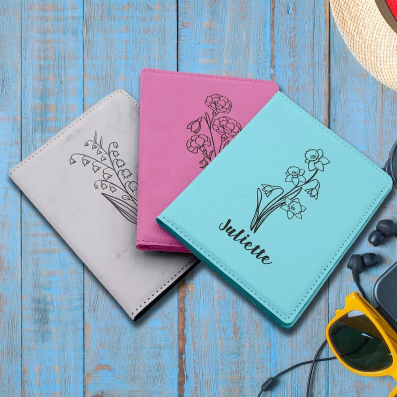 Birth Flower leather Passport Holder