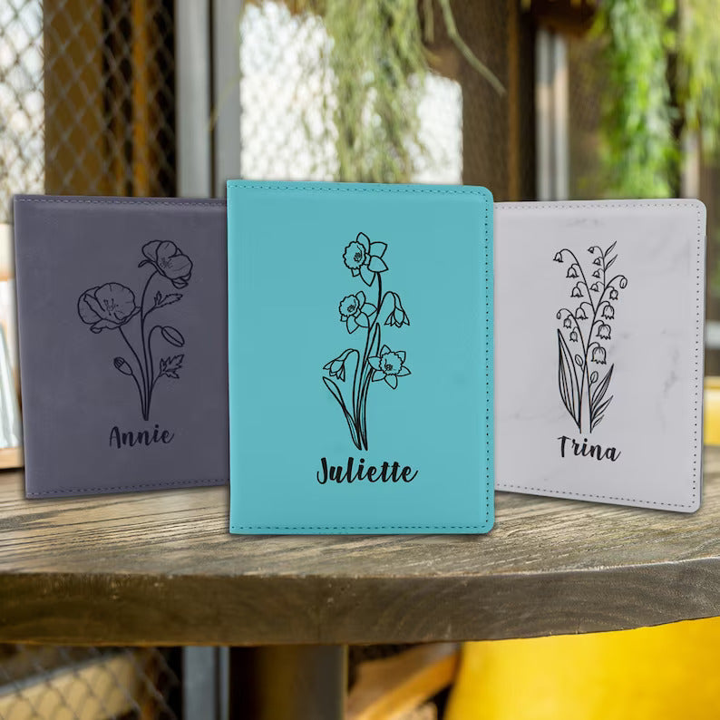 Birth Flower leather Passport Holder