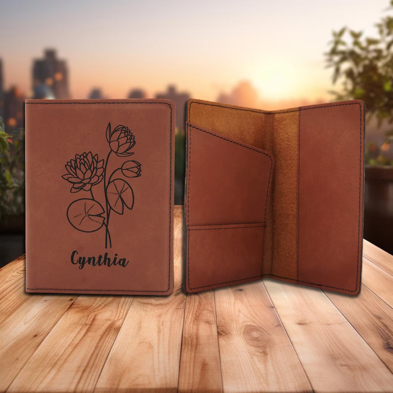 Birth Flower leather Passport Holder