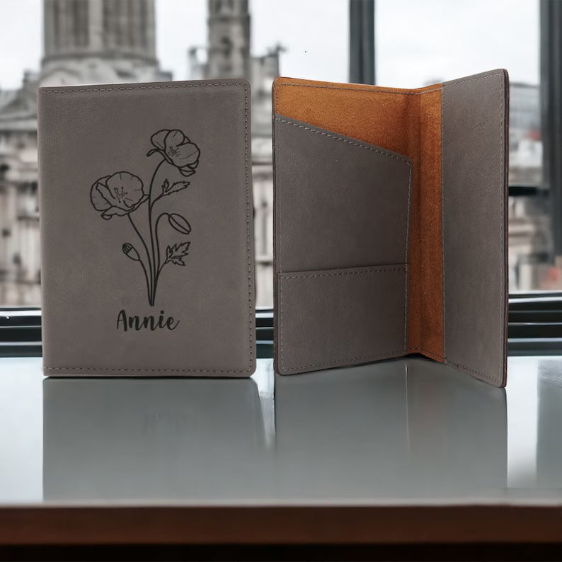 Birth Flower leather Passport Holder