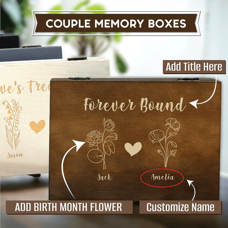 Wood Memory Boxes For Birthflower - Couple