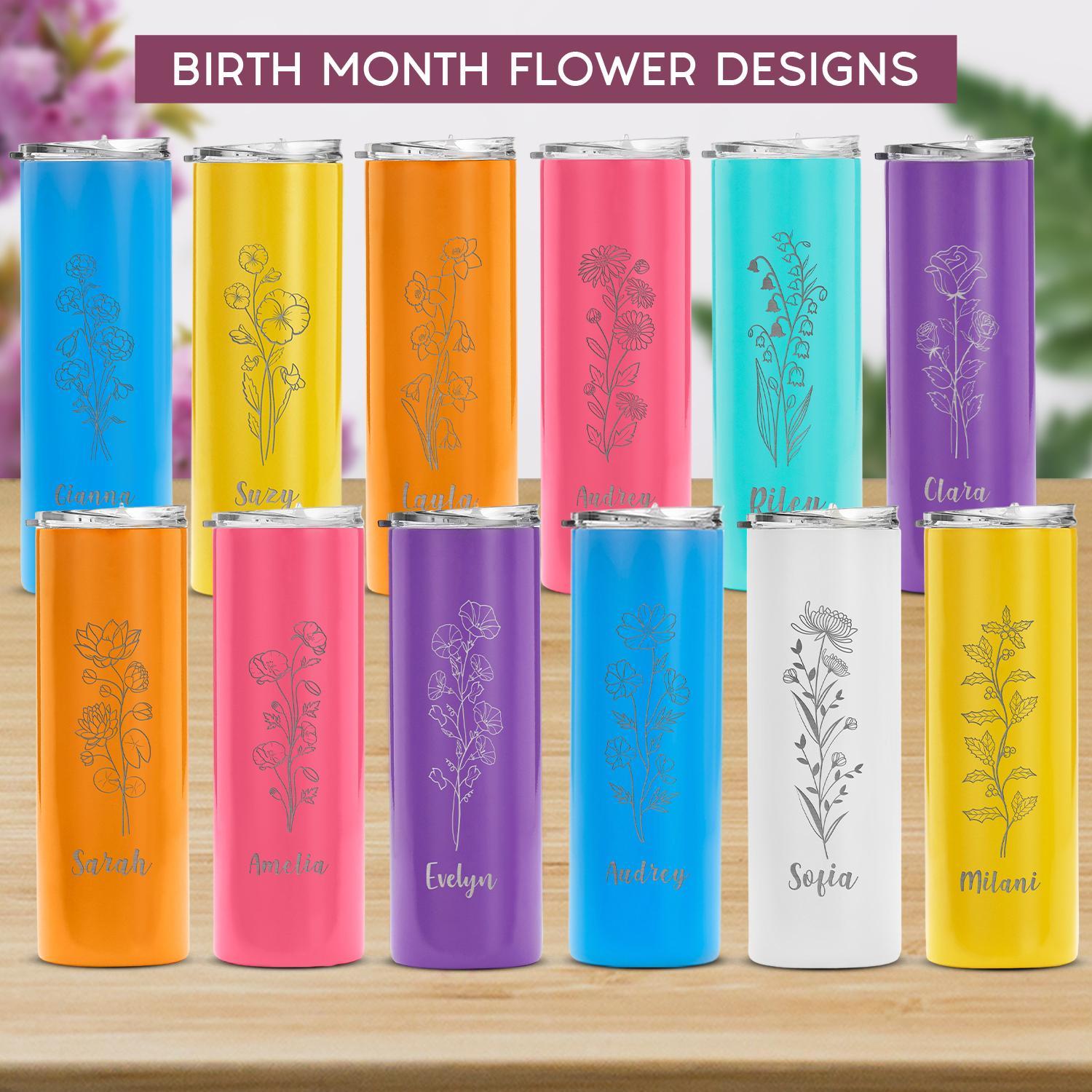 Personalized Birth Flower Skinny Tumbler, 20oz Laser Engraved Tumbler Gift for her, Bridesmaid Gifts,Valentines Gift, gift for friend. #ValentinesFun, #TikTokLove #UniqueGift #SpecialMoment -ADD PERSONALIZATION IN THE NOTES to the seller when you checkout