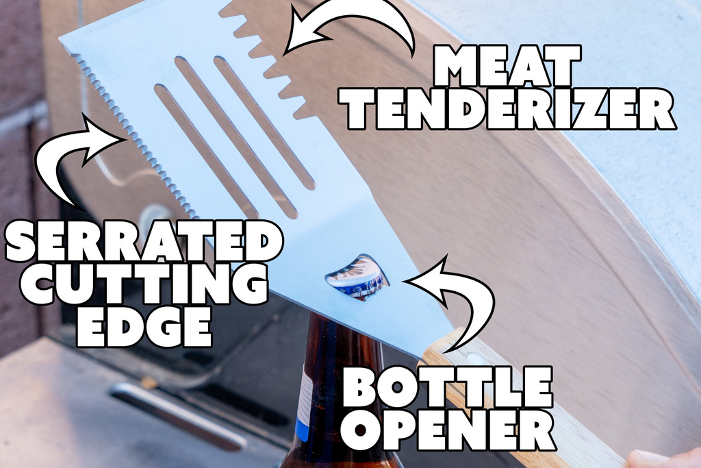 Meat tenderizer with serrated cutting edge and bottle opener features, labeled on a light blue background.