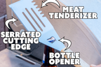 Meat tenderizer with serrated cutting edge and bottle opener features, labeled on a light blue background.