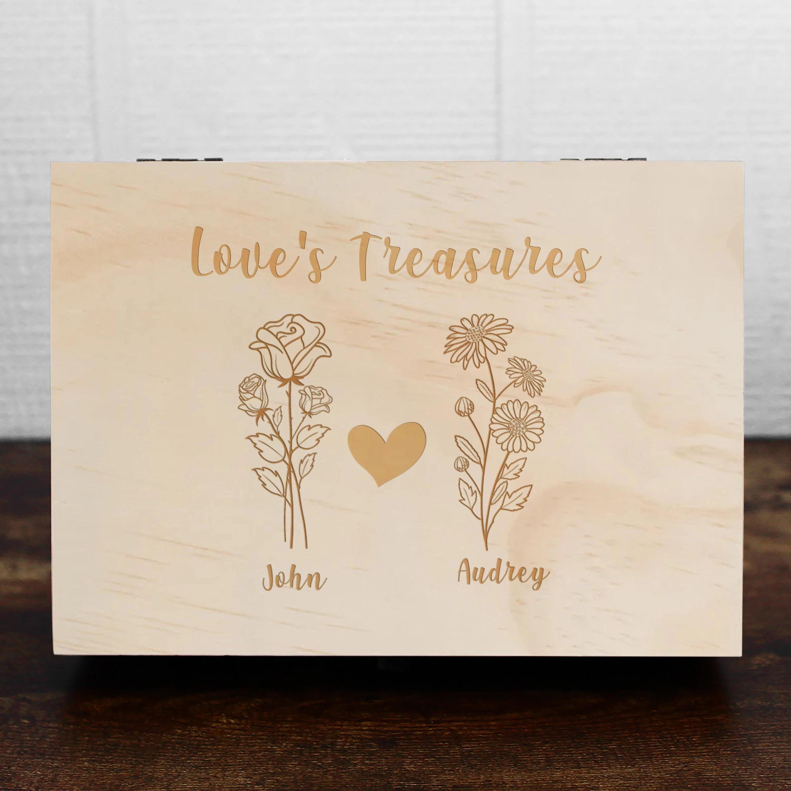 Personalized Birthflower Keepsake Box, Engraved Wood Memory Box, Custom Keepsake Box, Gift -Couple, Anniversary, Bridal Shower, Engagement. #Custom Gift #GiftIdeas #PersonalizedGifts #Weeding Gift #Anniversary Gift- ADD PERSONALIZATION IN THE NOTES