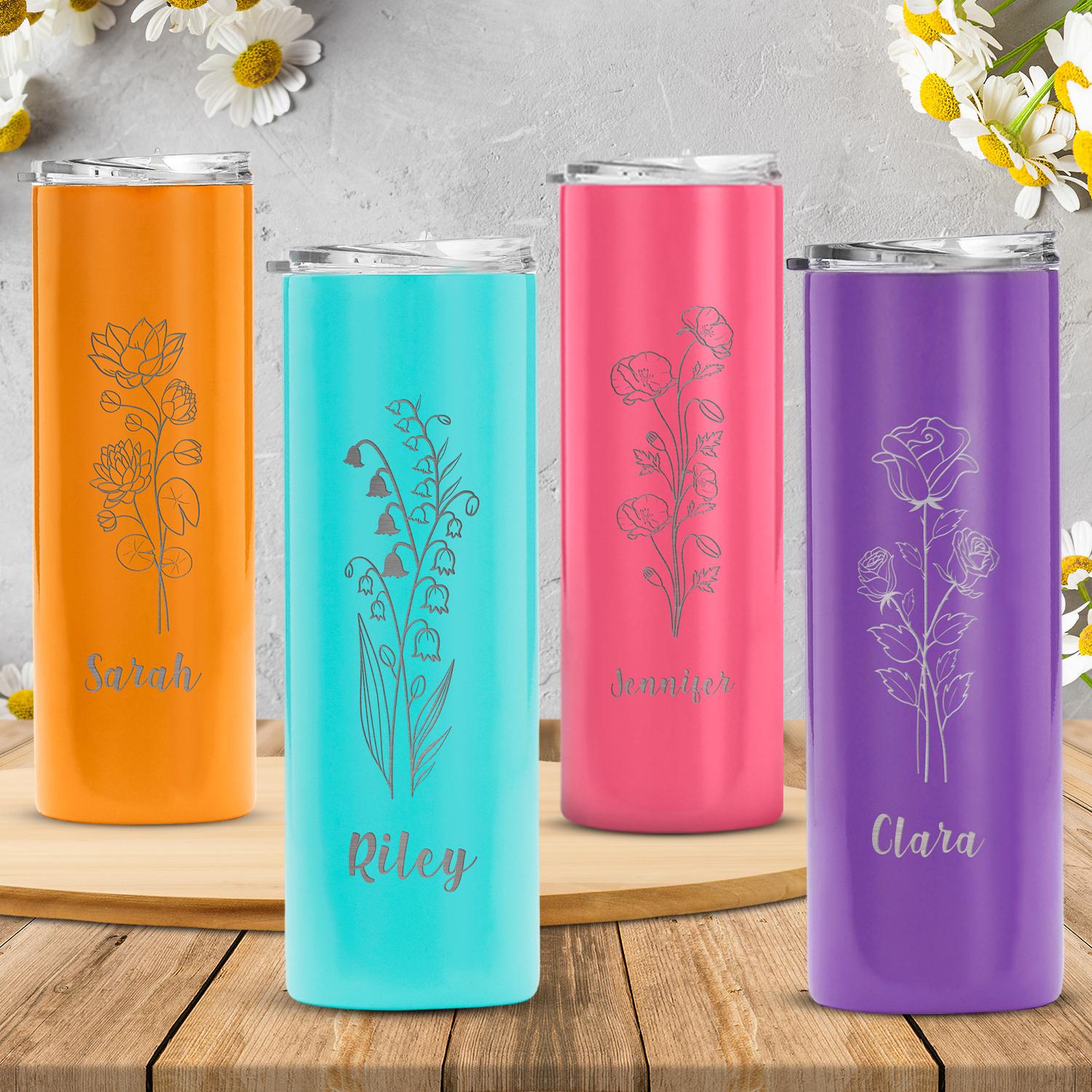 Personalized Birth Flower Skinny Tumbler, 20oz Laser Engraved Tumbler Gift for her, Bridesmaid Gifts,Valentines Gift, gift for friend. #ValentinesFun, #TikTokLove #UniqueGift #SpecialMoment -ADD PERSONALIZATION IN THE NOTES to the seller when you checkout