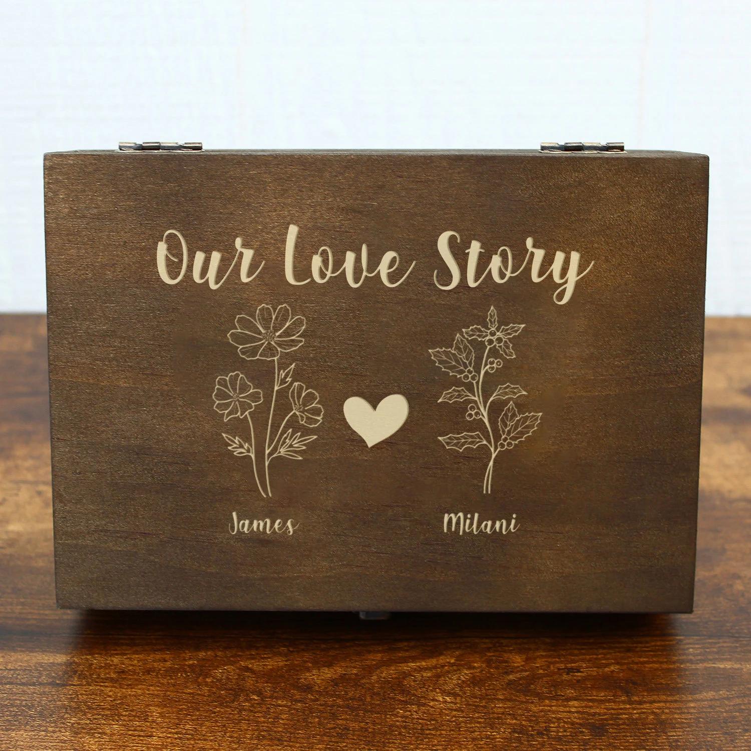 Personalized Birthflower Keepsake Box, Engraved Wood Memory Box, Custom Keepsake Box, Gift -Couple, Anniversary, Bridal Shower, Engagement. #Custom Gift #GiftIdeas #PersonalizedGifts #Weeding Gift #Anniversary Gift- ADD PERSONALIZATION IN THE NOTES