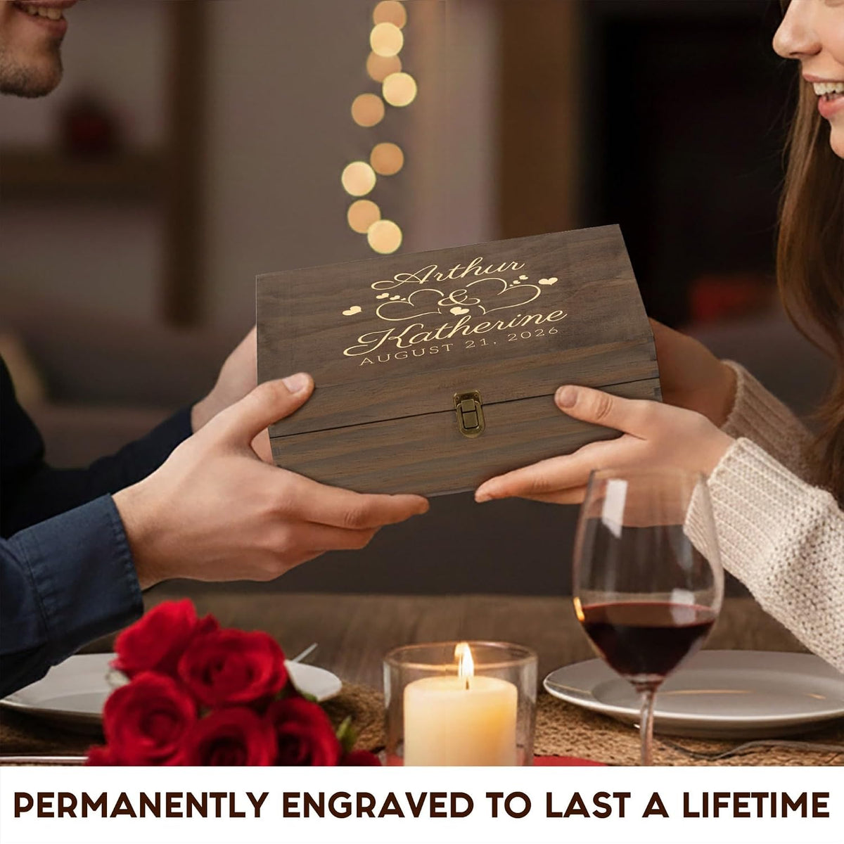 Personalized Anniversary Box, Engraved Wooden Keepsake Box for Couples