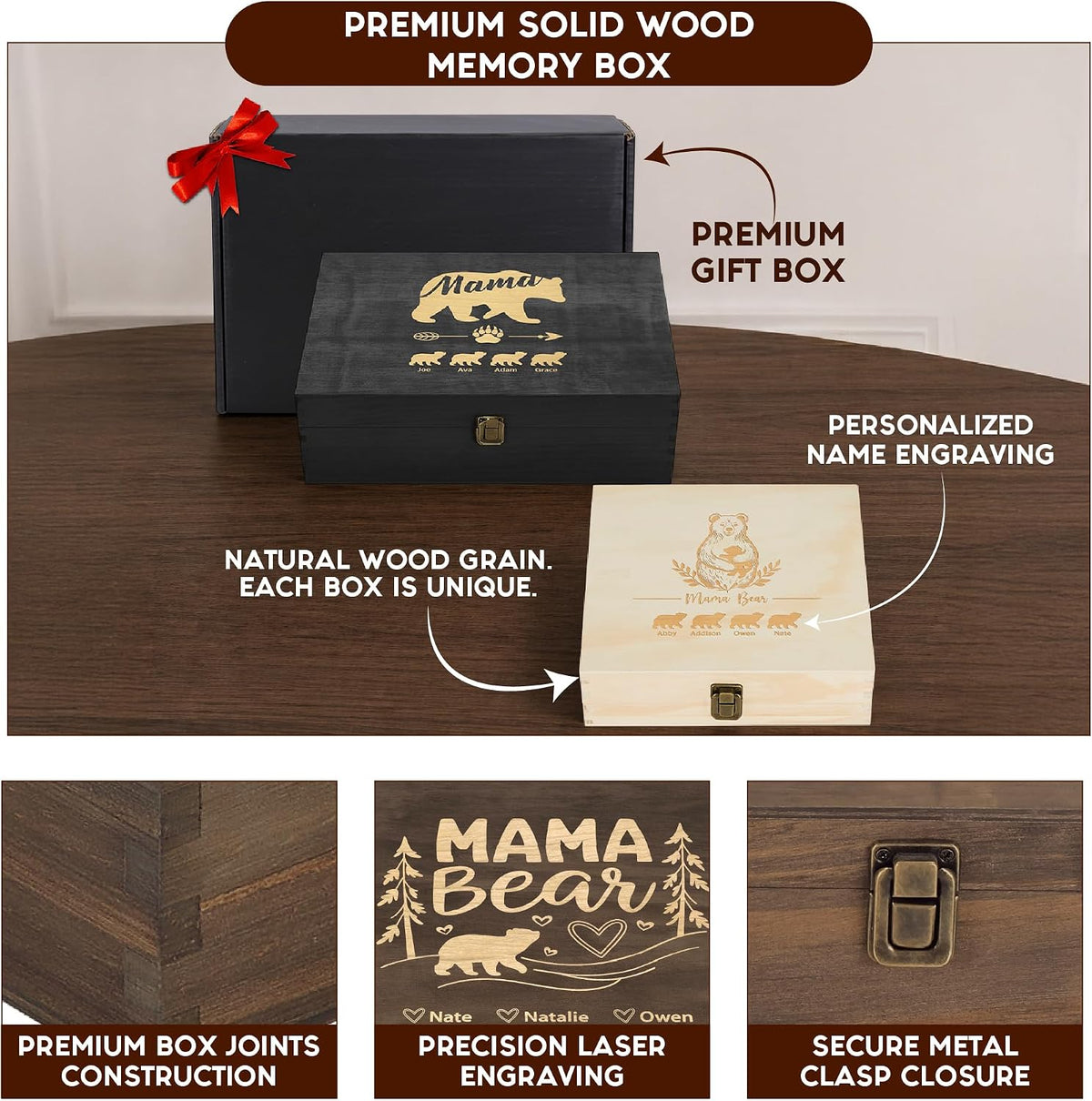 Personalized Mama Bear Memory Box, Engraved Gift for Mom or Grandma