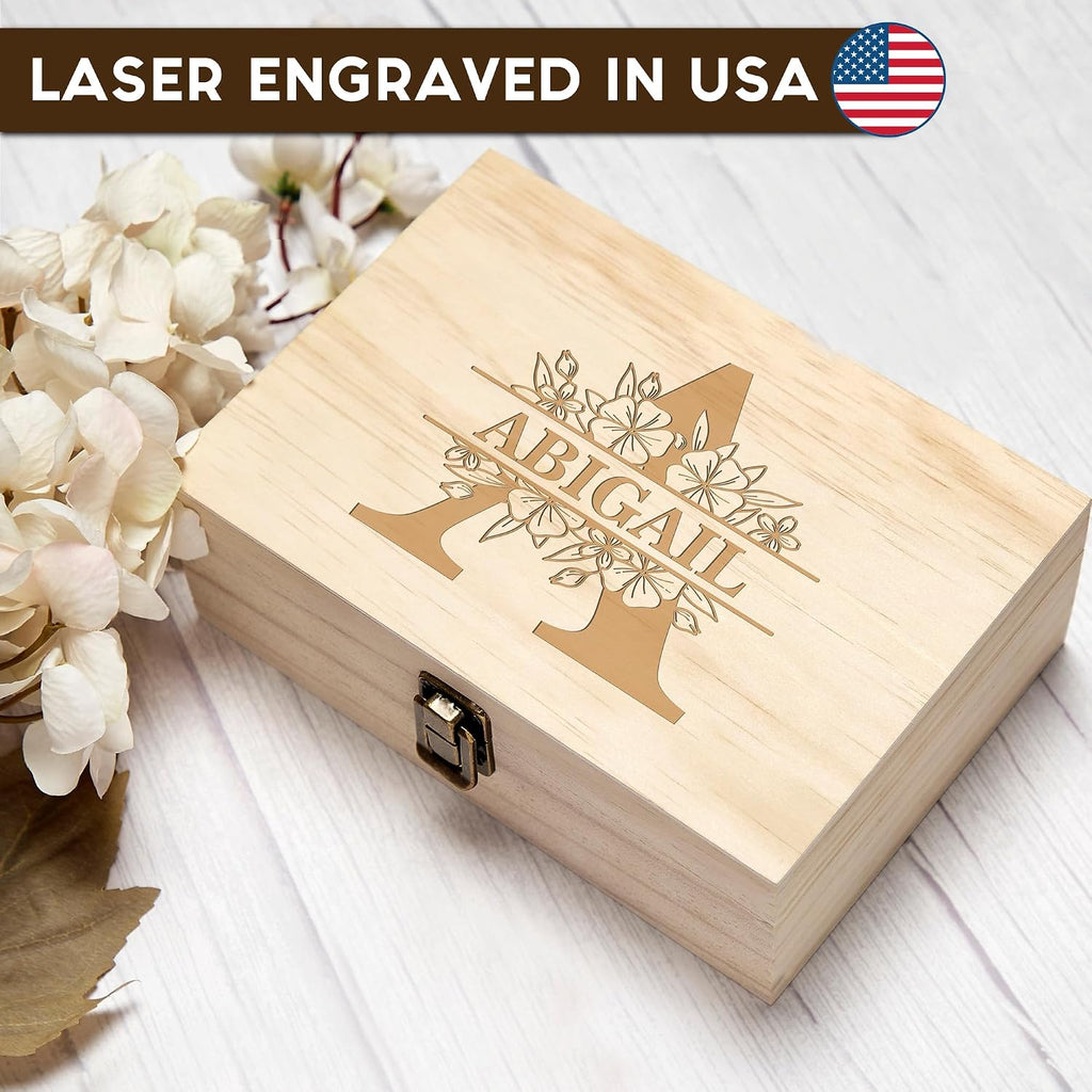 Personalized Floral Monogram Box, Engraved Bridesmaid & Maid of Honor Gift