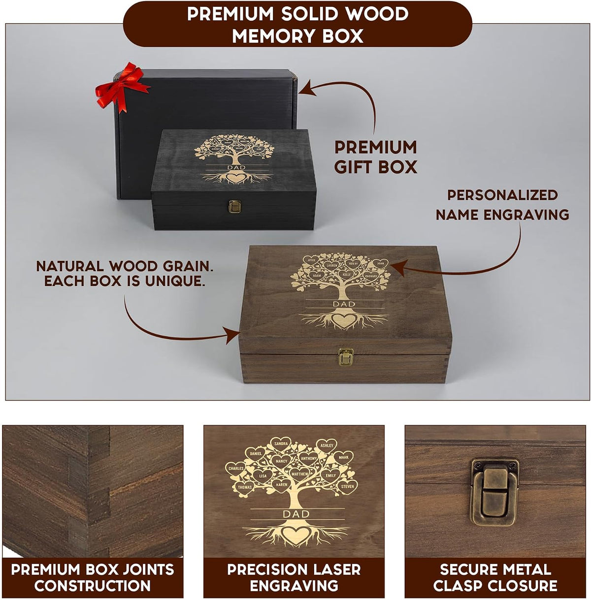 Gifts for Grandpa or Dad, Personalized Family Tree Memory Box, Father's Day