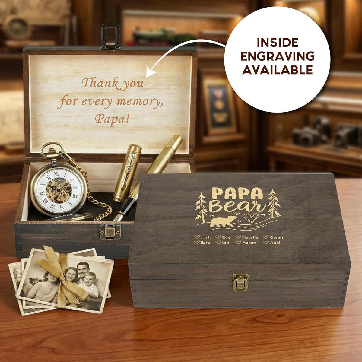 Personalized Gift for Dad or Grandpa, Engraved Wooden Family Memory Box