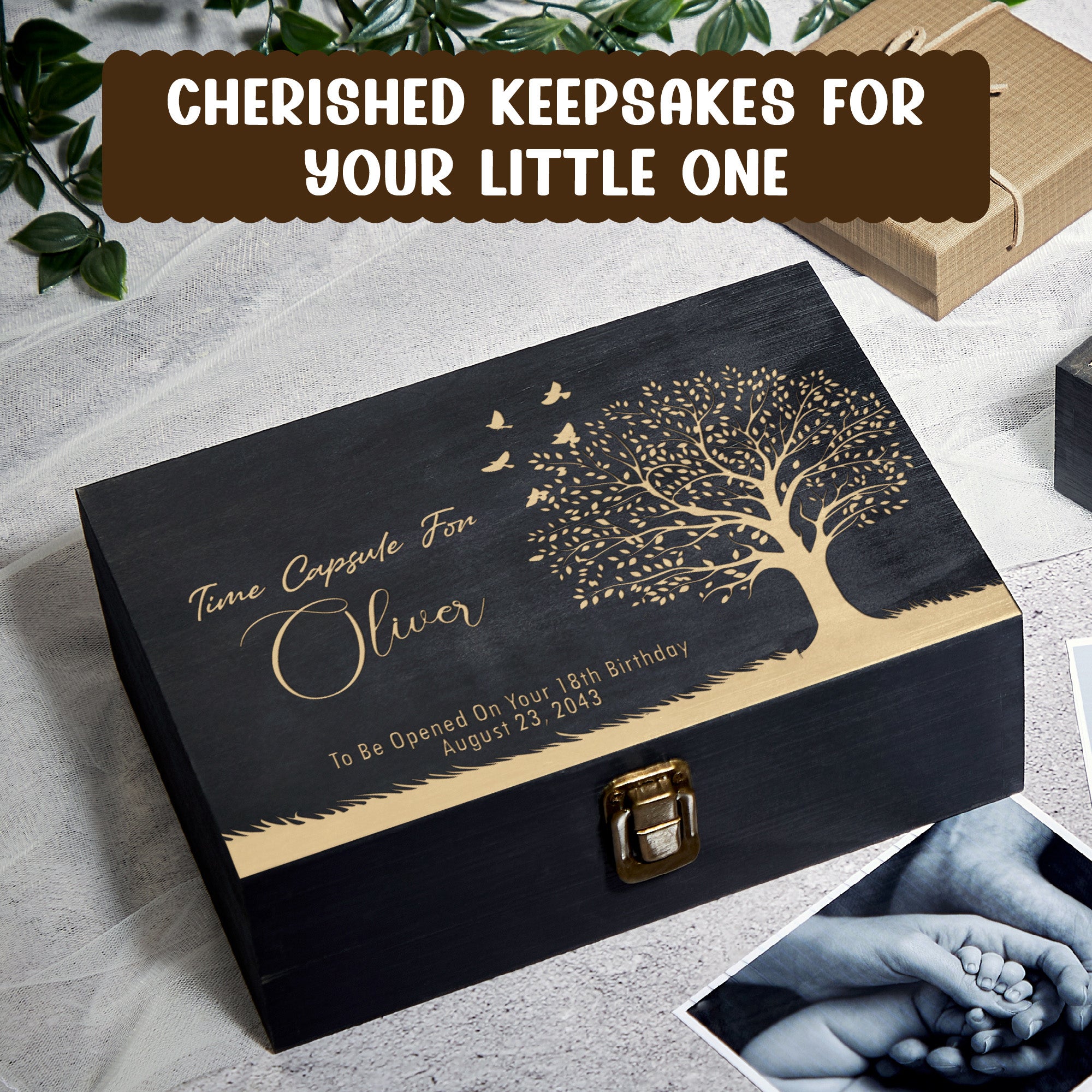 Elegant black wooden time capsule box, laser engraved with a tree and the name 'Oliver,' designed to be opened on the recipient's 18th birthday. This personalized gift is ideal as a name baby gift, baby shower gift, or birthday baby gift. The memory keepsake box is a customized baby gift for newborns, boys, or girls, serving as a cherished keepsake for new moms.