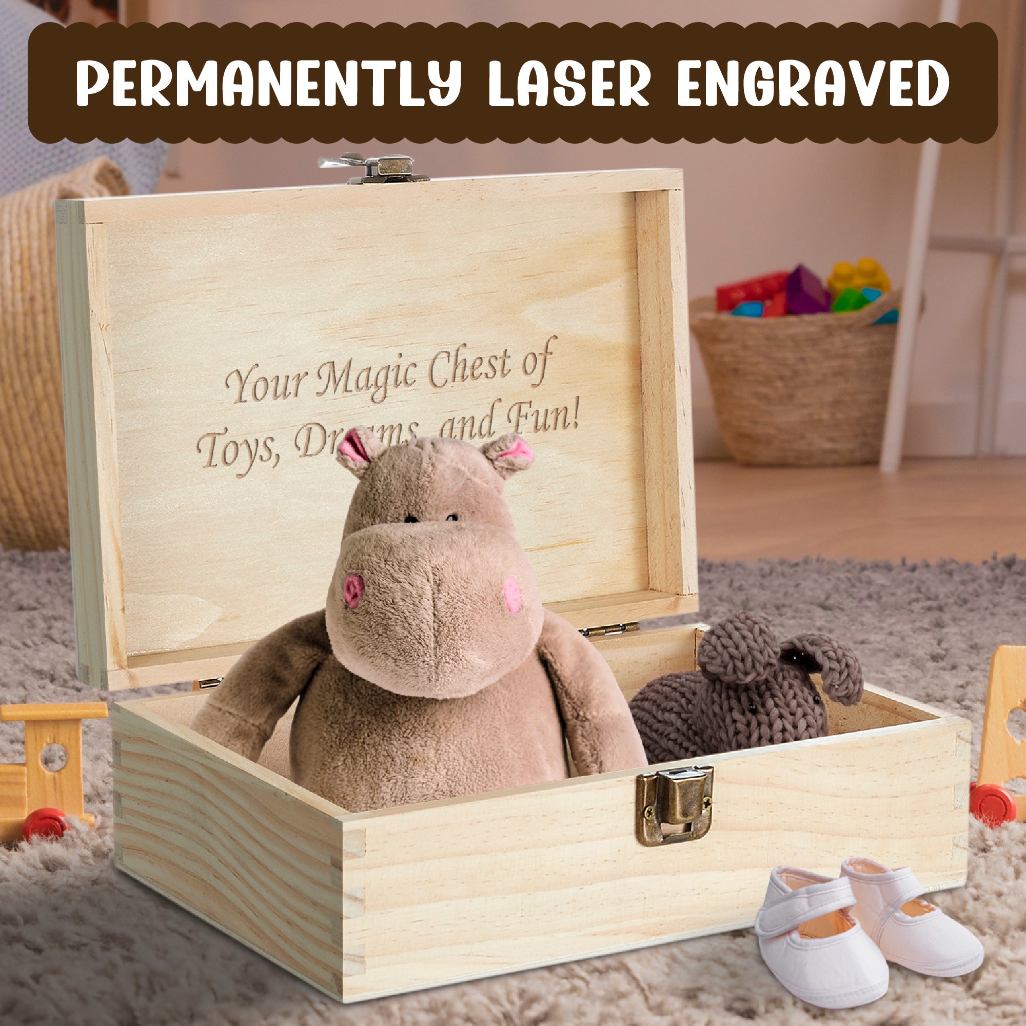 Wooden keepsake box with a permanently laser-engraved message, 'Your Magic Chest of Toys, Dreams, and Fun!' The box is filled with a stuffed toy, making it an ideal personalized baby gift or name baby gift for baby showers. This memory keepsake box is a customized baby gift, perfect for newborns, boys, and girls, serving as a special birthday baby gift or a thoughtful gift for new moms.