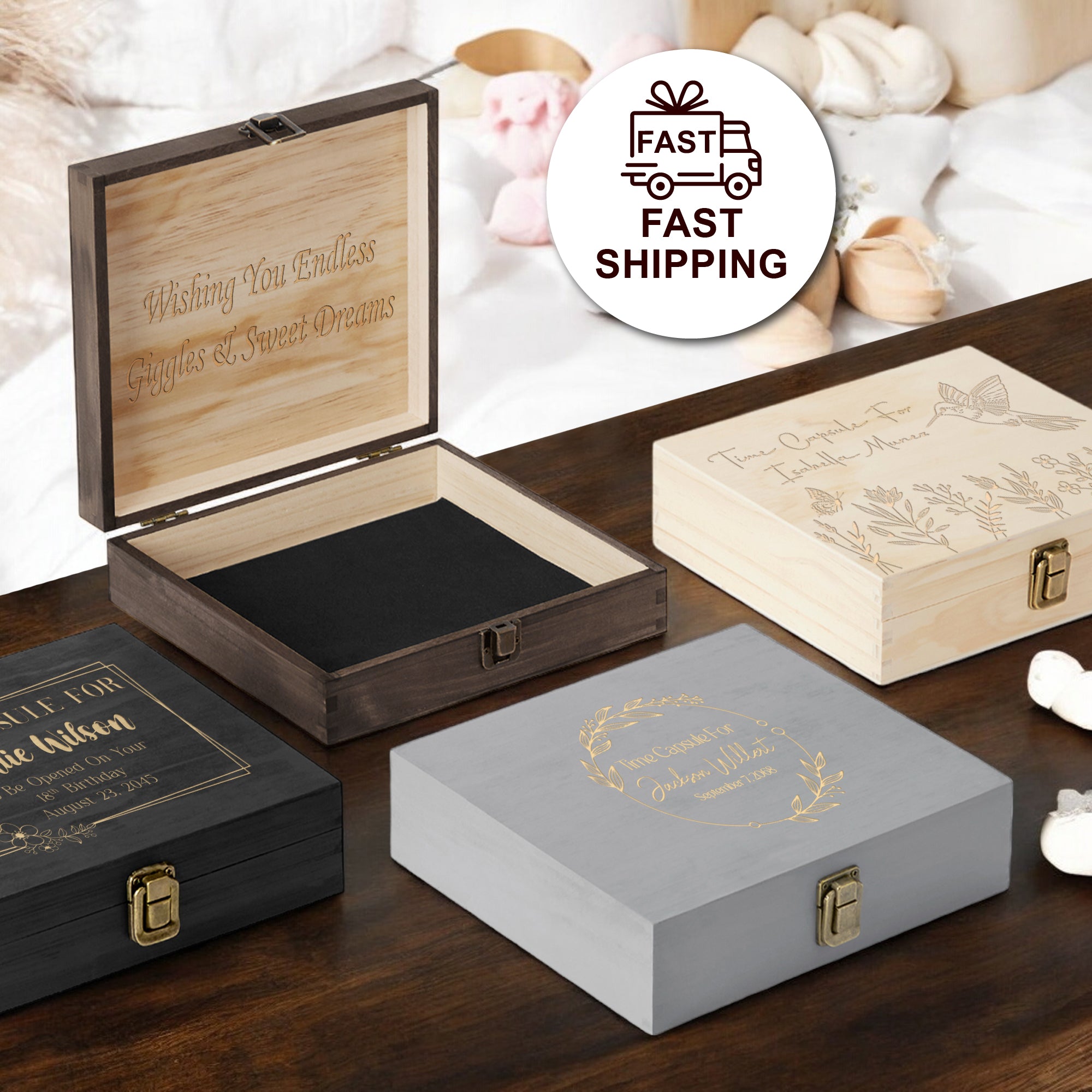 A variety of personalized wooden keepsake boxes, each engraved with unique designs, perfect for name baby gifts. These memory keepsake boxes are ideal as customized baby gifts for baby showers, newborn baby gifts, or birthday baby gifts. The image highlights a time capsule gift option, suitable for both girls and boys, with fast shipping available, making it a thoughtful present for new moms.