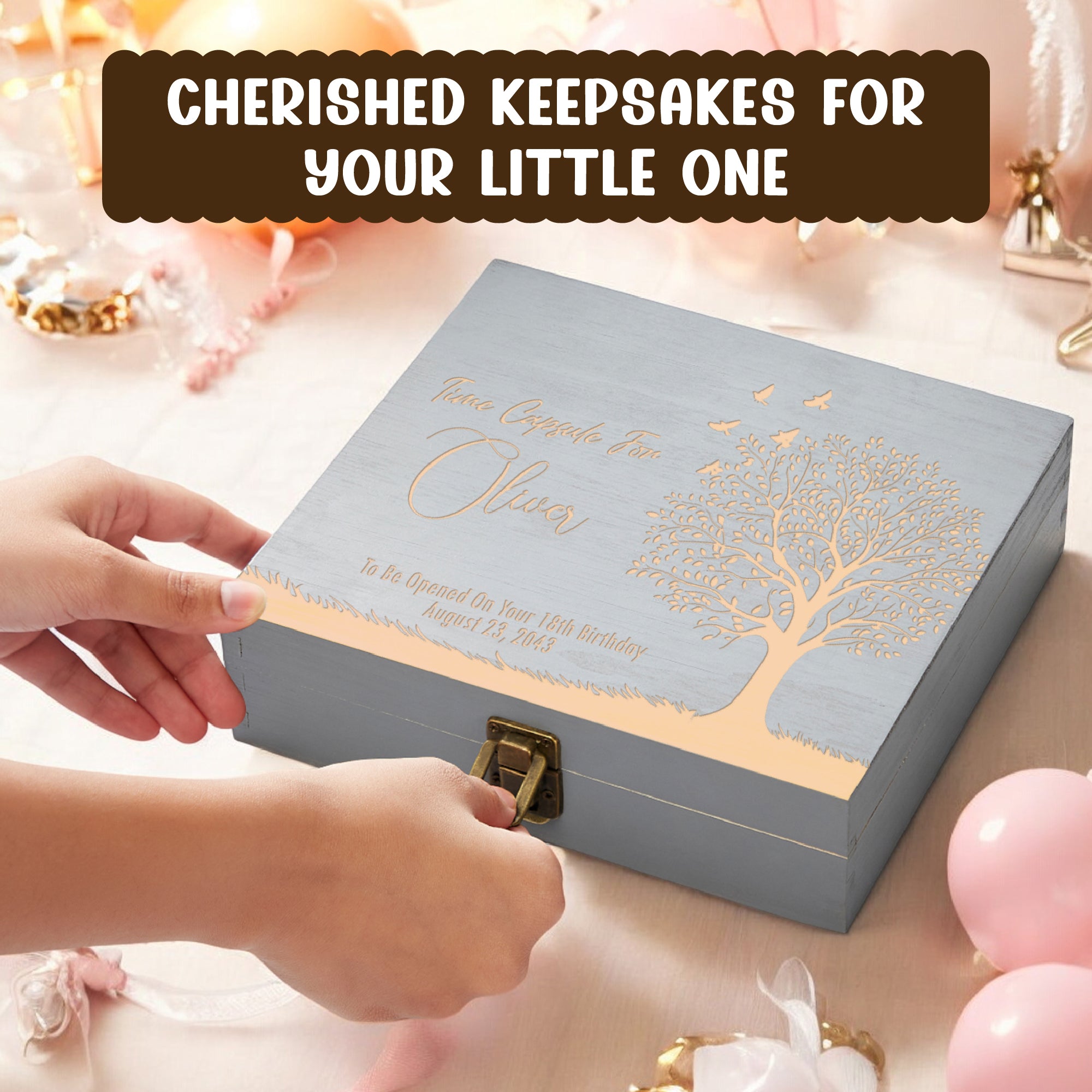 Personalized wooden time capsule box engraved with a tree design and the name 'Oliver,' designed to be opened on the recipient's 18th birthday. This memory keepsake box is perfect for storing cherished keepsakes, making it an ideal personalized baby gift, name baby gift, or baby shower gift. Suitable for both boys and girls, it serves as a thoughtful birthday baby gift or a special gift for new moms.