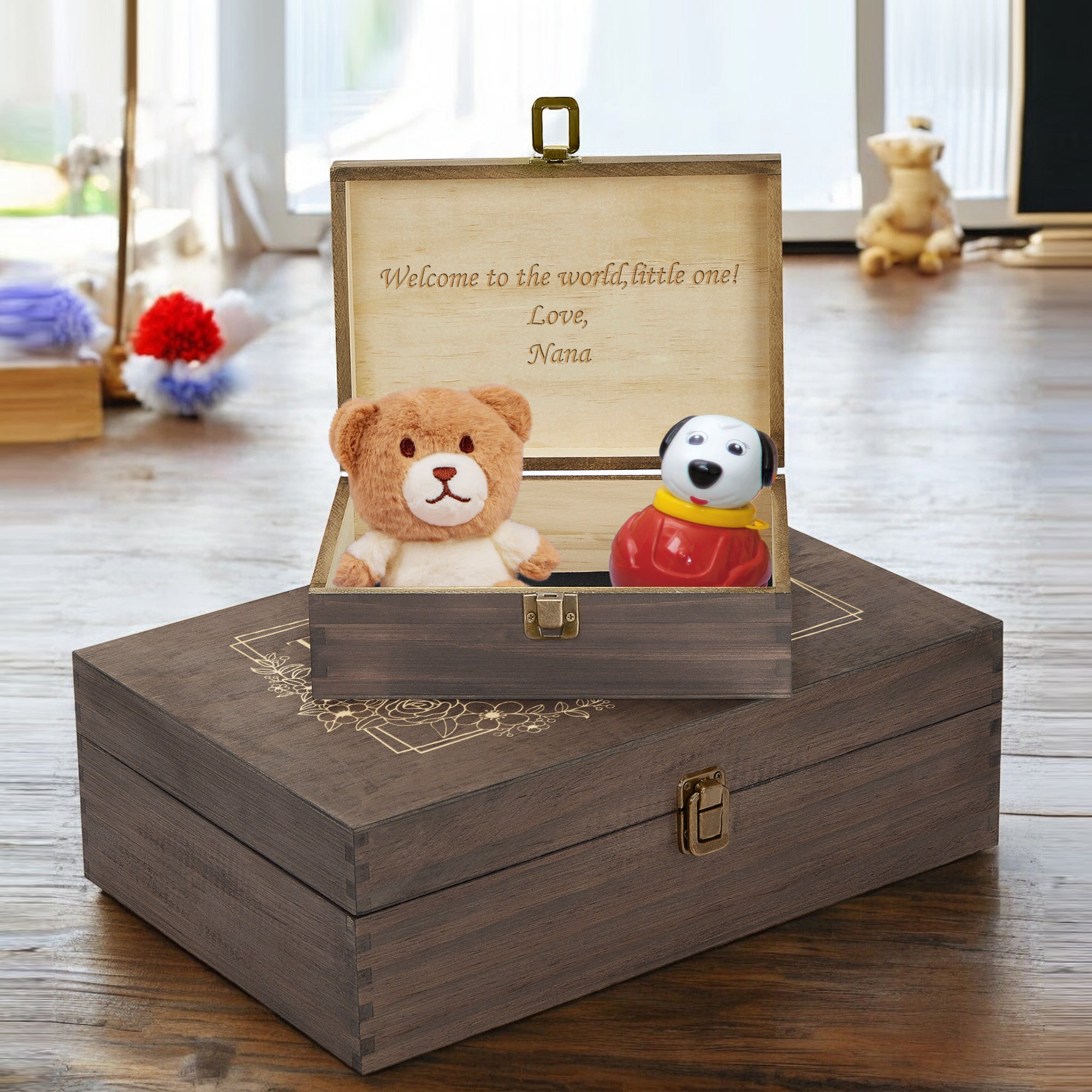 Dark Walnut wooden keepsake box with a personalized engraved message inside the lid that reads 'Welcome to the world, little one! Love, Nana.' The box contains a plush teddy bear and a small toy, making it an ideal personalized baby gift, name baby gift, or baby shower gift. This memory keepsake box is a customized baby gift suitable for newborns, boys, and girls, serving as a special birthday baby gift or a cherished keepsake for new moms.