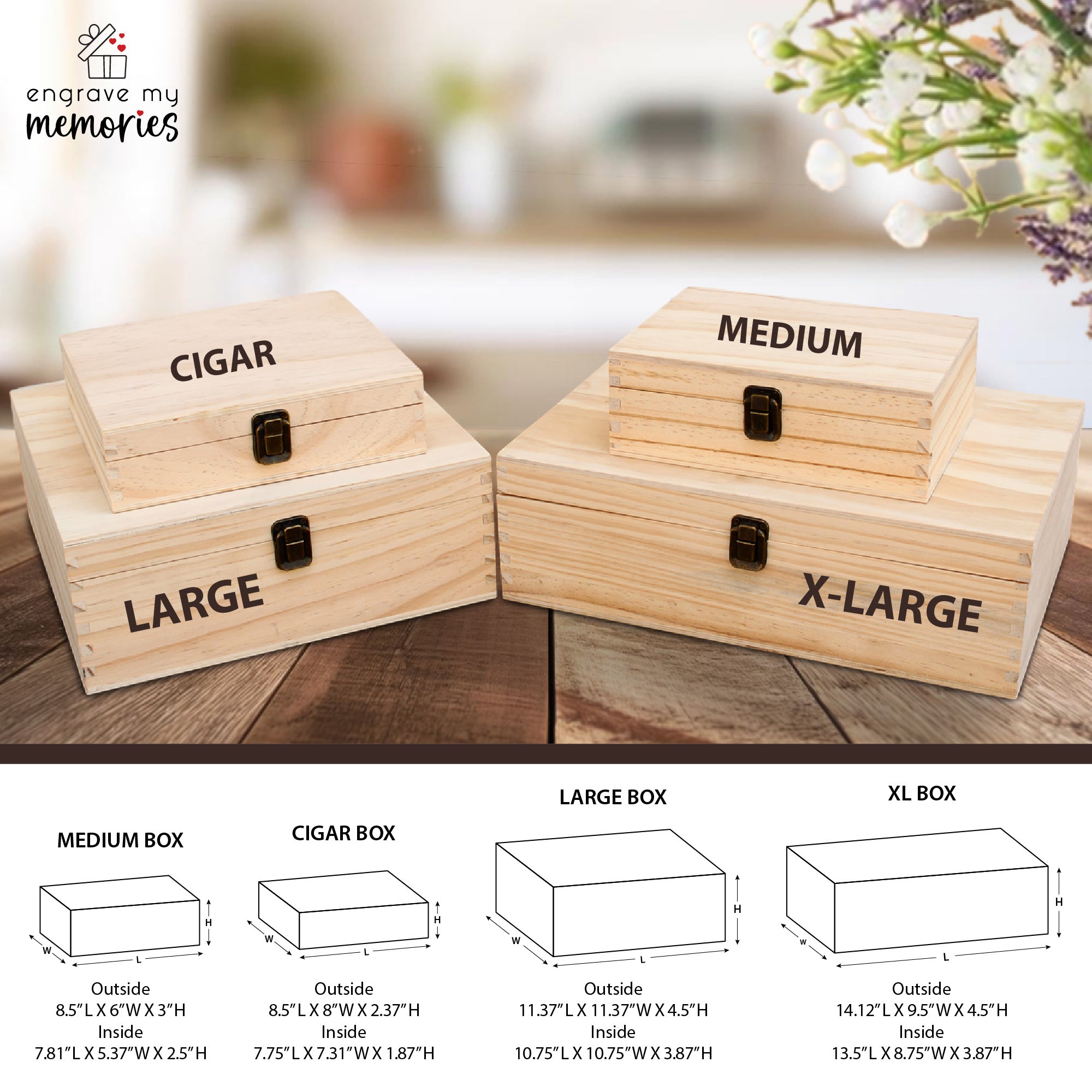 Selection of personalized wooden keepsake boxes available in four sizes: Cigar, Medium, Large, and X-Large. The image includes dimensions for each size, showcasing versatile options for customized baby gifts, name baby gifts, or memory keepsake boxes. These boxes are ideal for baby showers, newborn baby gifts, or birthday baby gifts, serving as cherished keepsakes for both boys and girls, and perfect for new moms.