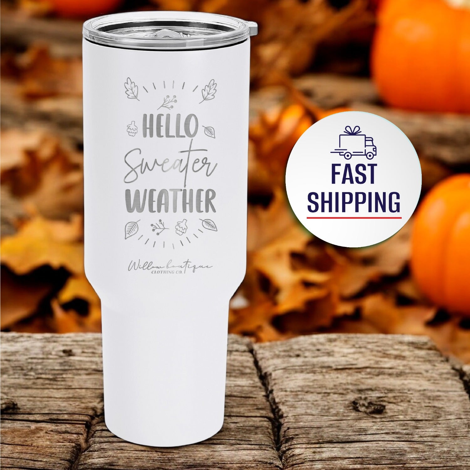 Hello Sweater Weather Laser Engraved Vacuum Insulated 40oz Tumbler With Handle, Powder Coated Stainless Steel Tumbler with Lid and Straw for Cold & Hot Drinks, Fall Themed Lovers Gifts for Women Men Friends.