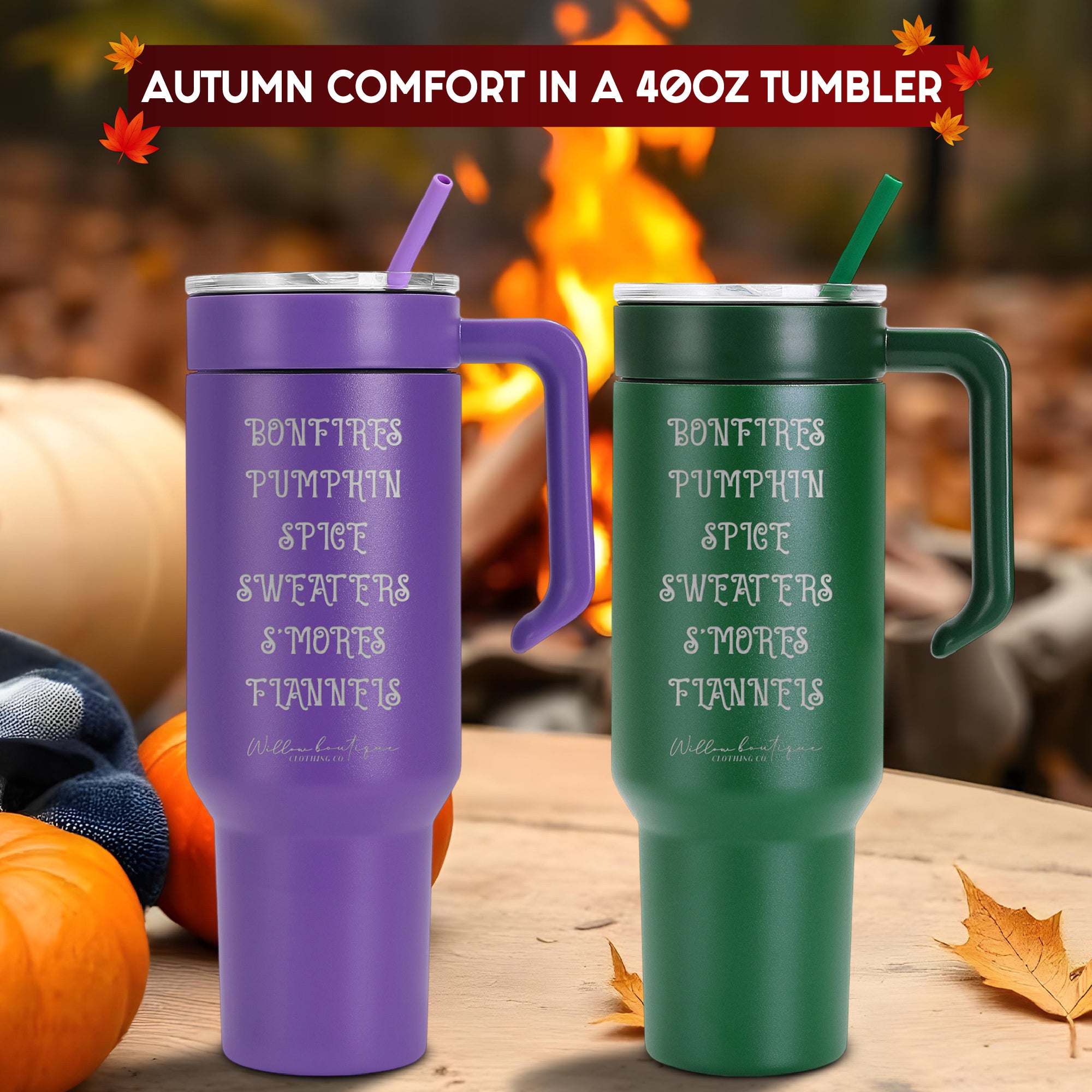 Laser Engraved 'Bonfires, Pumpkin Spice, Sweaters, S'mores, Flannels' 40oz Tumbler with Handle, Powder Coated Vacuum Insulated Stainless Steel Travel Cup with Lid and Straw for Cold & Hot Drinks, Ideal Autumn Drinkware Gift.