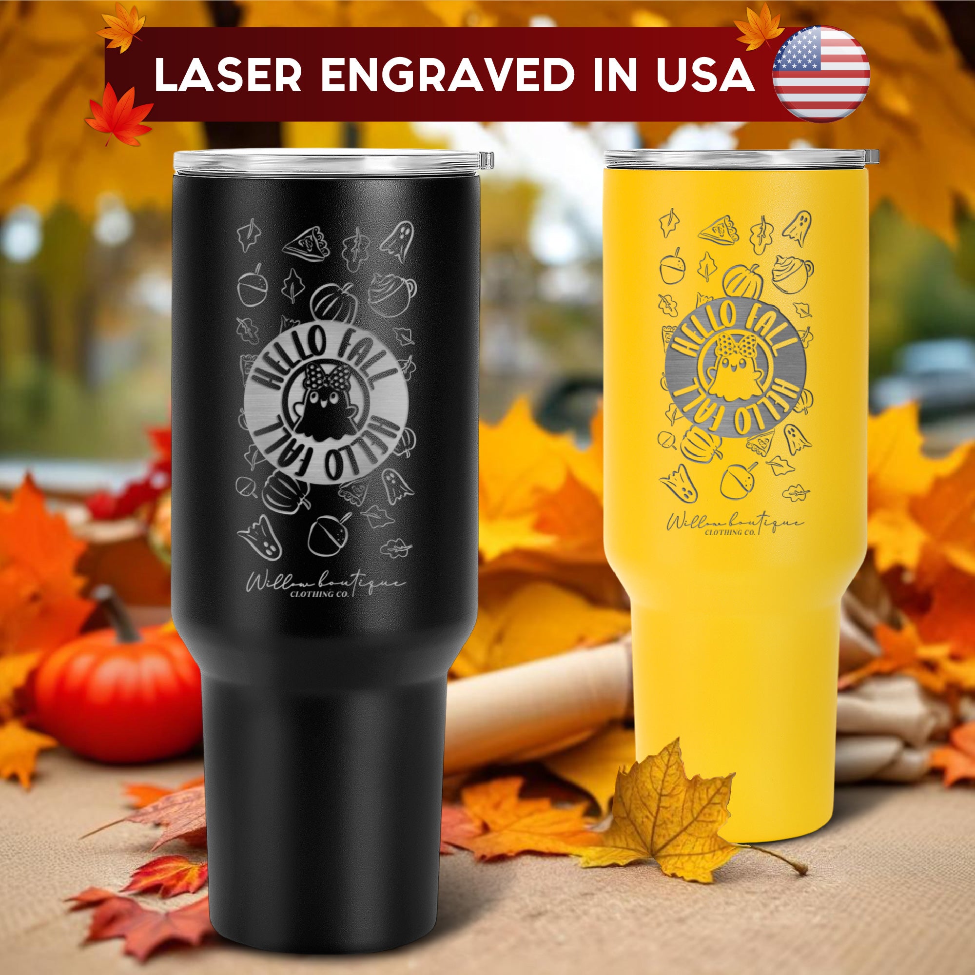 Hello Fall - Laser Engraved 40oz Tumbler With Handle,Powder Coated Stainless Steel Tumbler Cup with Lid and Straw for Cold & Hot Drinks,Vacuum Insulated Double Wall Travel Tumbler,Autumn Gifts for Thanksgiving Halloween.#FallTumbler #AutumnSips