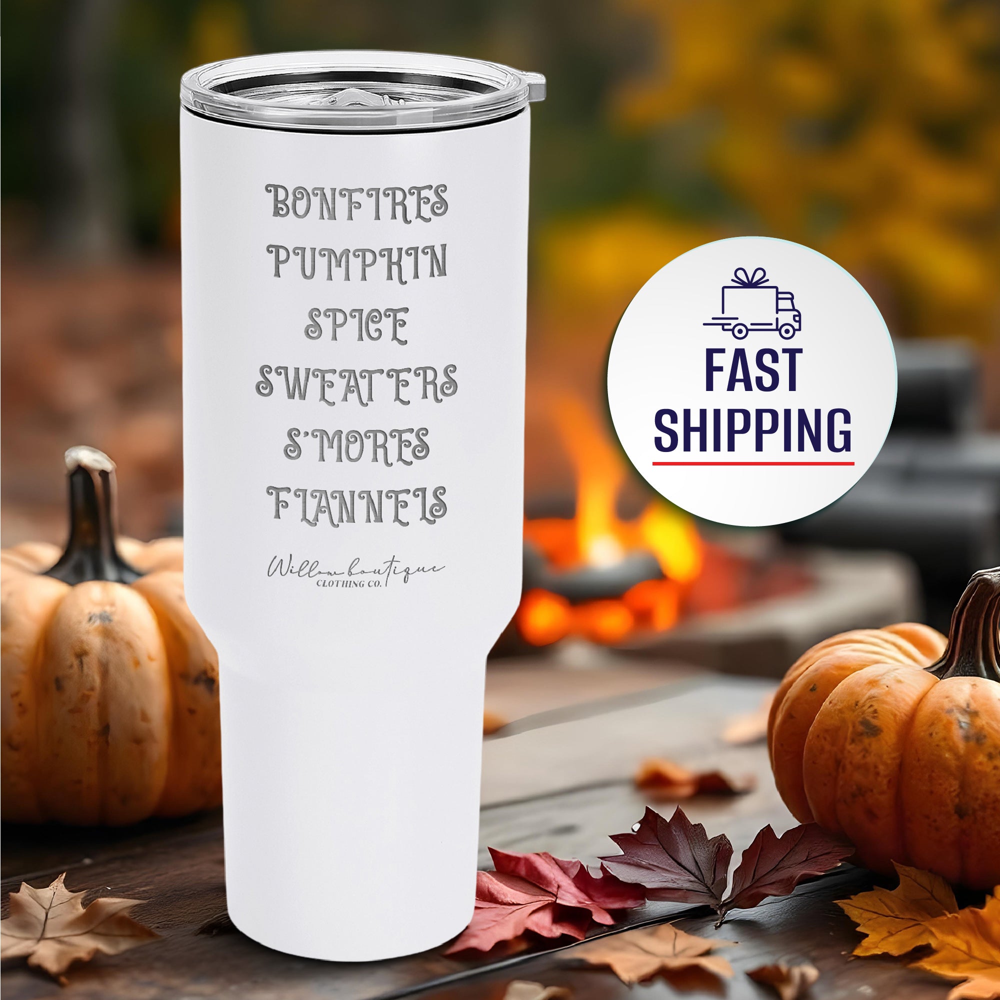 Laser Engraved 'Bonfires, Pumpkin Spice, Sweaters, S'mores, Flannels' 40oz Tumbler with Handle, Powder Coated Vacuum Insulated Stainless Steel Travel Cup with Lid and Straw for Cold & Hot Drinks, Ideal Autumn Drinkware Gift.