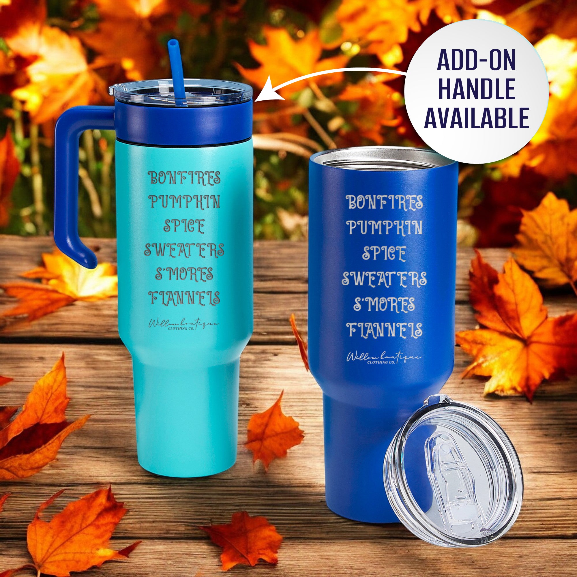 Laser Engraved 'Bonfires, Pumpkin Spice, Sweaters, S'mores, Flannels' 40oz Tumbler with Handle, Powder Coated Vacuum Insulated Stainless Steel Travel Cup with Lid and Straw for Cold & Hot Drinks, Ideal Autumn Drinkware Gift.