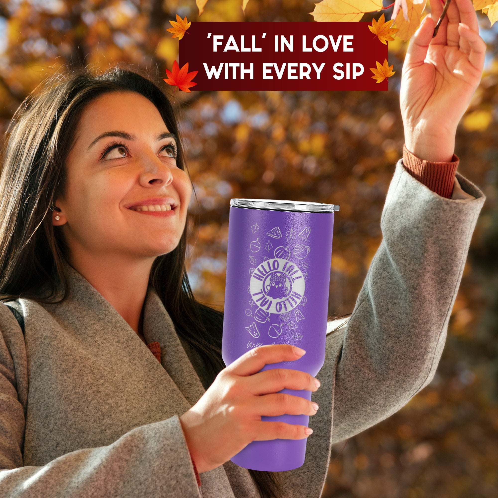 Hello Fall - Laser Engraved 40oz Tumbler With Handle,Powder Coated Stainless Steel Tumbler Cup with Lid and Straw for Cold & Hot Drinks,Vacuum Insulated Double Wall Travel Tumbler,Autumn Gifts for Thanksgiving Halloween.#FallTumbler #AutumnSips