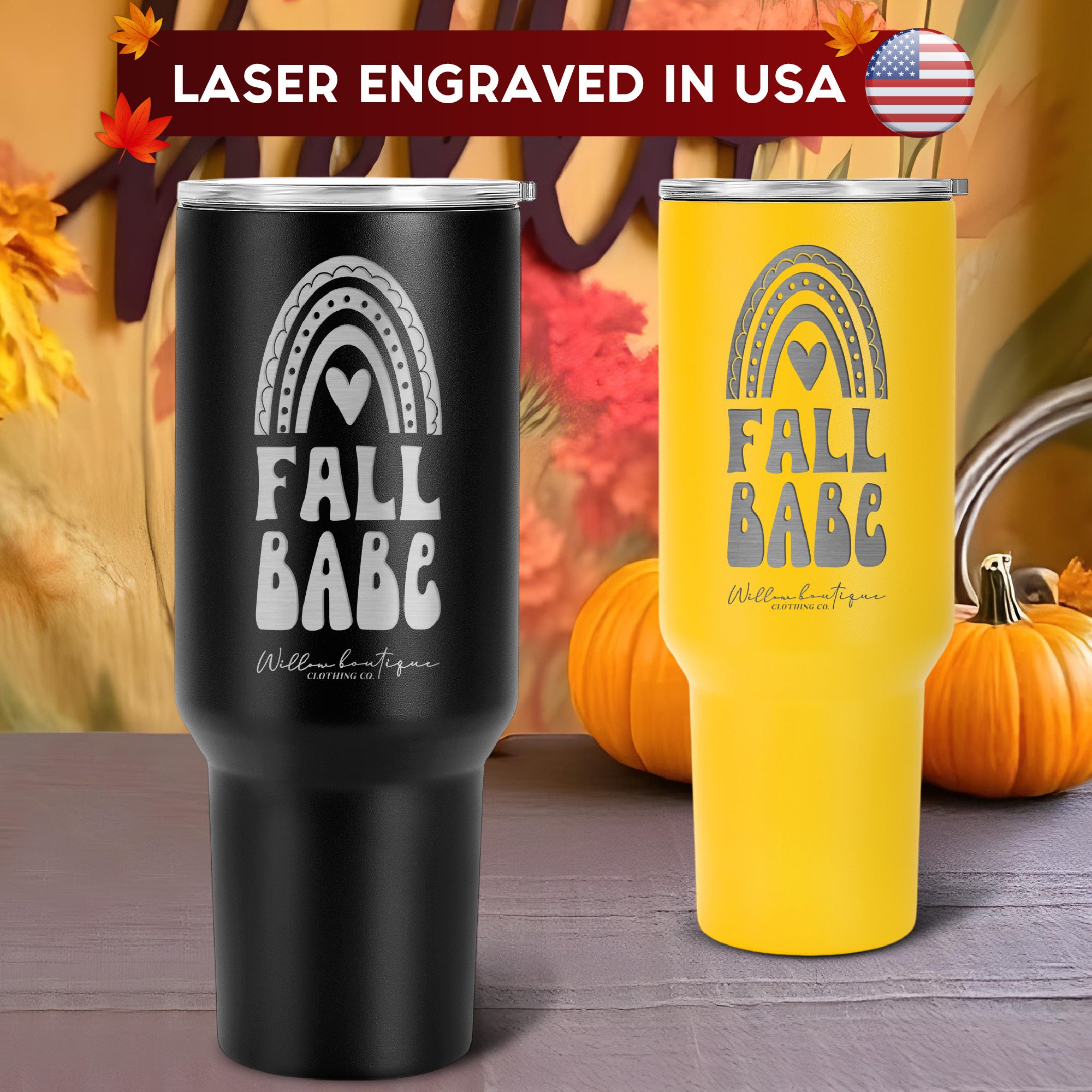 Laser Engraved " Fall Babe " Vacuum Insulated 40oz Tumbler with Handle, Powder Coated Double-Wall Stainless Steel Tumbler with Lid and Straw for Cold & Hot Drinks, Autumn Tumbler Cup – Perfect Fall & Thanksgiving Gift.