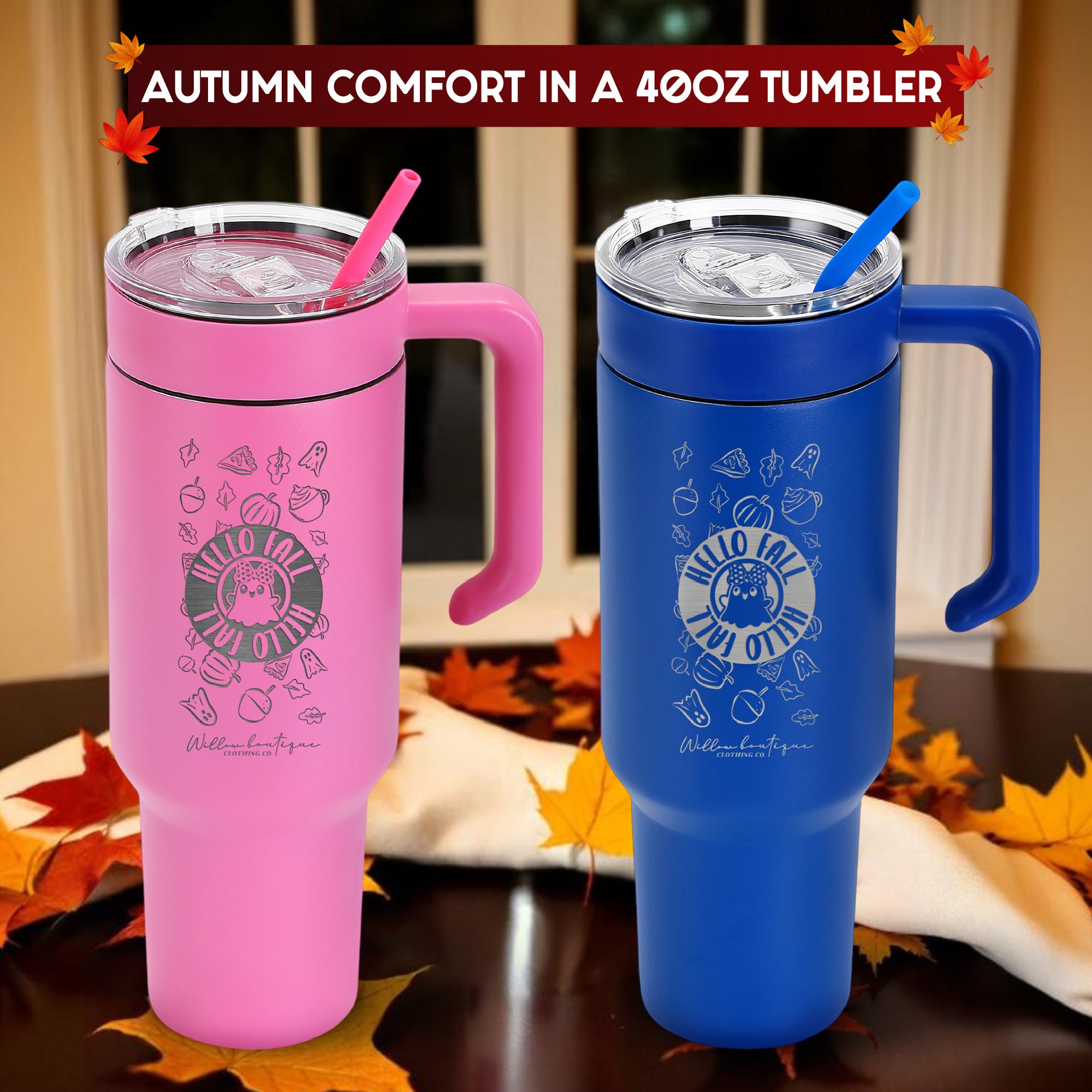 Hello Fall - Laser Engraved 40oz Tumbler With Handle,Powder Coated Stainless Steel Tumbler Cup with Lid and Straw for Cold & Hot Drinks,Vacuum Insulated Double Wall Travel Tumbler,Autumn Gifts for Thanksgiving Halloween.#FallTumbler #AutumnSips