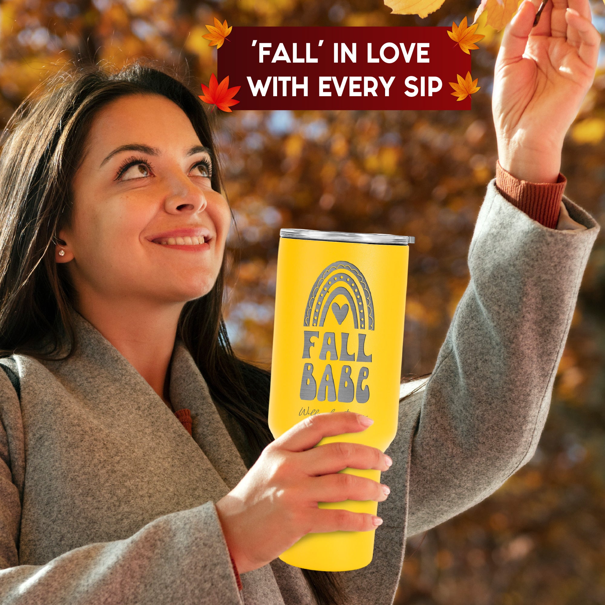 Laser Engraved " Fall Babe " Vacuum Insulated 40oz Tumbler with Handle, Powder Coated Double-Wall Stainless Steel Tumbler with Lid and Straw for Cold & Hot Drinks, Autumn Tumbler Cup – Perfect Fall & Thanksgiving Gift.