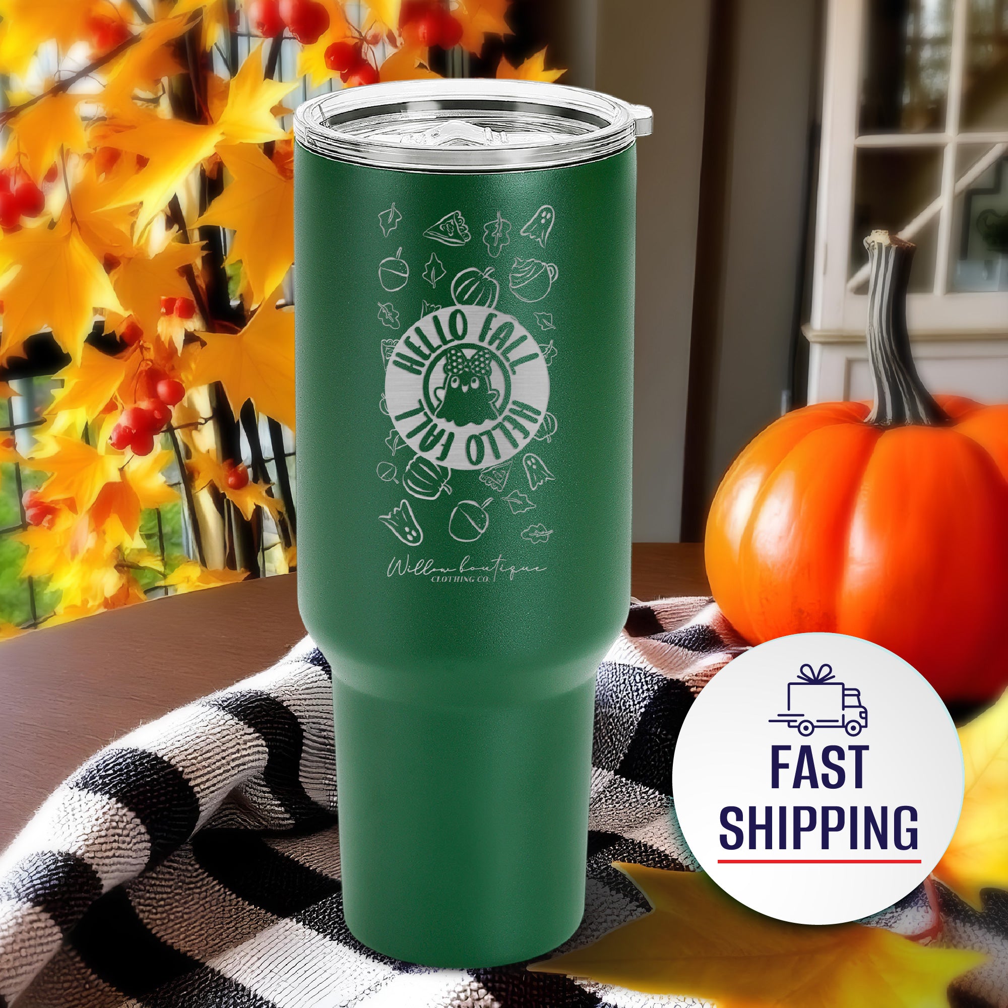 Hello Fall - Laser Engraved 40oz Tumbler With Handle,Powder Coated Stainless Steel Tumbler Cup with Lid and Straw for Cold & Hot Drinks,Vacuum Insulated Double Wall Travel Tumbler,Autumn Gifts for Thanksgiving Halloween.#FallTumbler #AutumnSips