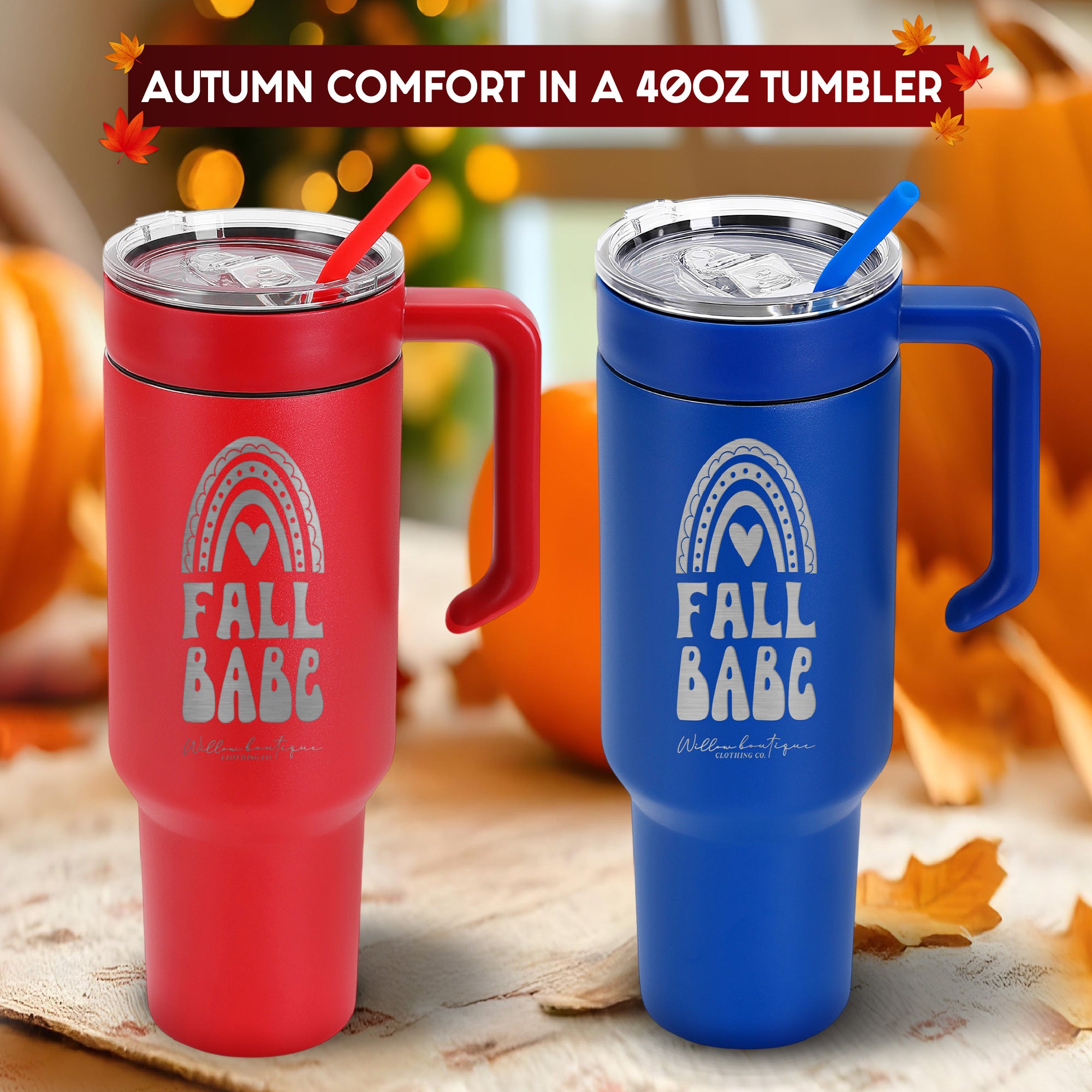 Laser Engraved " Fall Babe " Vacuum Insulated 40oz Tumbler with Handle, Powder Coated Double-Wall Stainless Steel Tumbler with Lid and Straw for Cold & Hot Drinks, Autumn Tumbler Cup – Perfect Fall & Thanksgiving Gift.