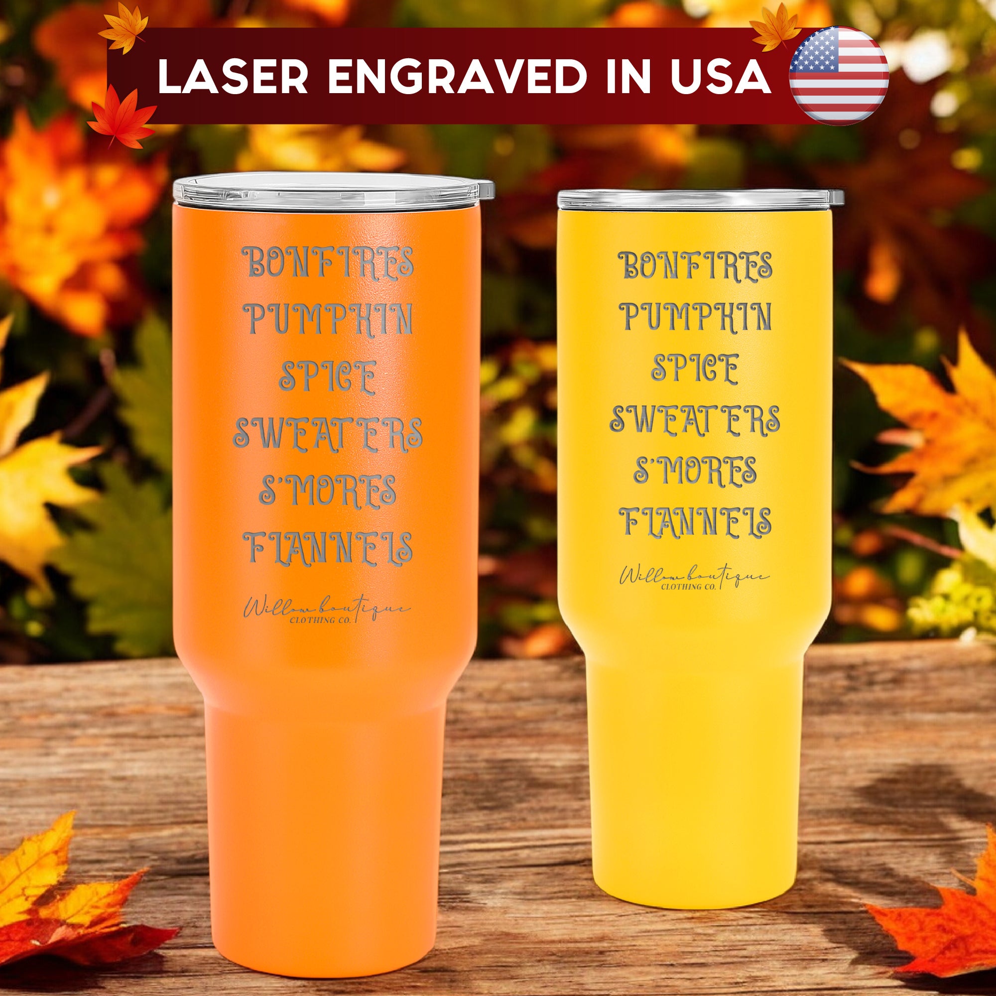 Laser Engraved 'Bonfires, Pumpkin Spice, Sweaters, S'mores, Flannels' 40oz Tumbler with Handle, Powder Coated Vacuum Insulated Stainless Steel Travel Cup with Lid and Straw for Cold & Hot Drinks, Ideal Autumn Drinkware Gift.