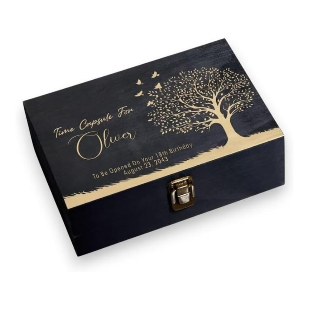 Personalized Time Capsule Box, Engraved Wooden Keepsake Box with Lid