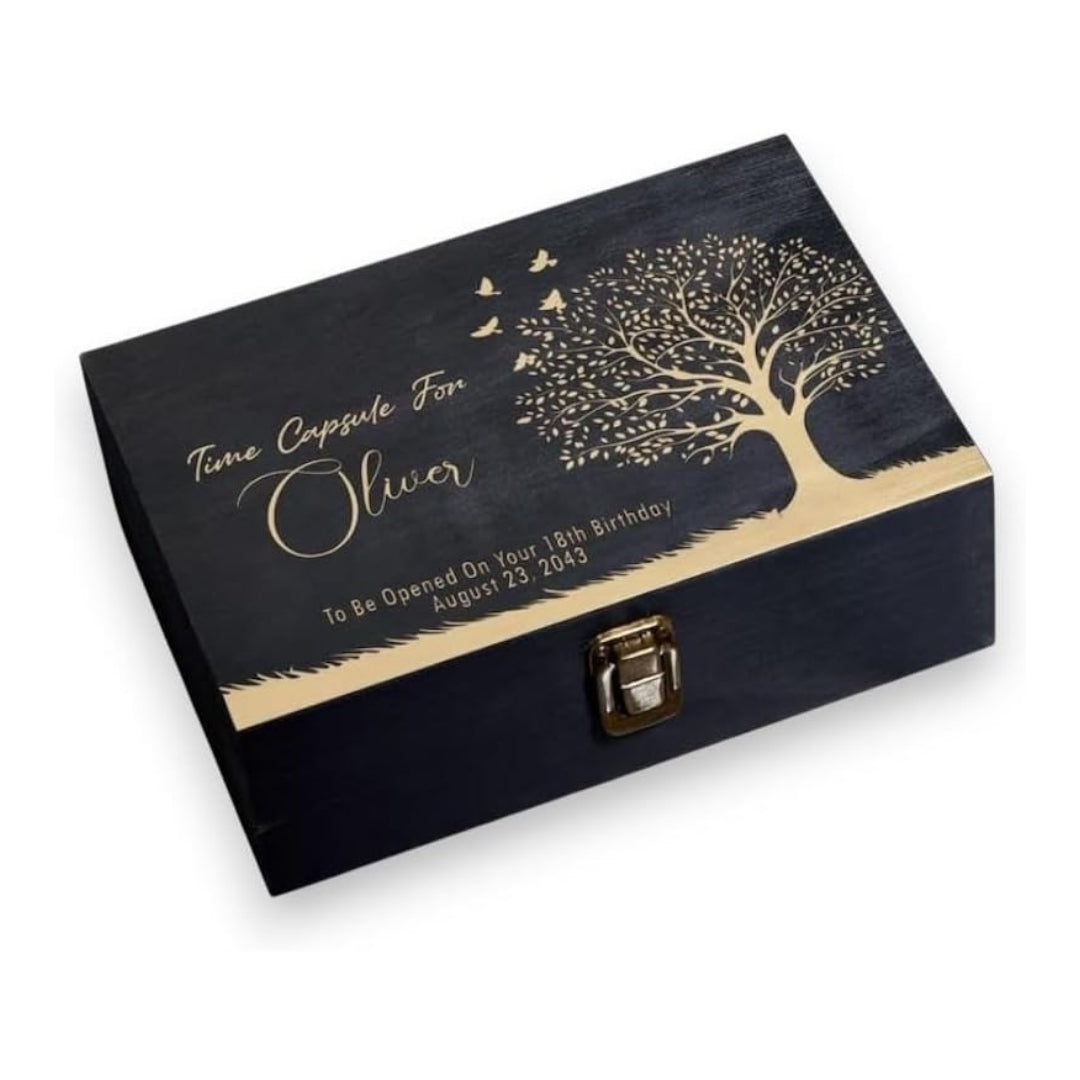 Personalized Time Capsule Box, Engraved Wooden Keepsake Box with Lid