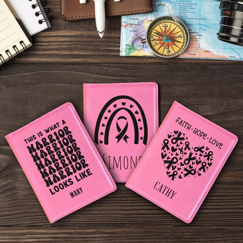 Personalized Leather Passport Holder, Breast Cancer Survivor Passport Wallet, Engraved Cover, Passport Case, Cancer Awareness Month Gift. #TravelAccessory #Father's Day Gift #PassportHolder -ADD PERSONALIZATION IN THE NOTES to the seller when you checkout