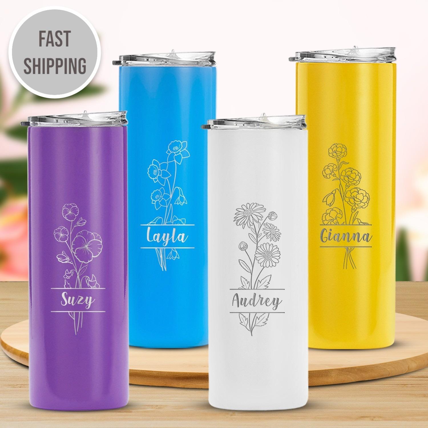 Personalized Split Birth Flower Skinny Tumbler, 20oz Laser Engraved Custom Tumbler Gift for her, Wife, Bridesmaid, Friend, Mother's day. #Custom Gift #GiftIdeas #PersonalizedGifts #Birthday Gift #Gift For Mom- ADD PERSONALIZATION IN THE NOTES