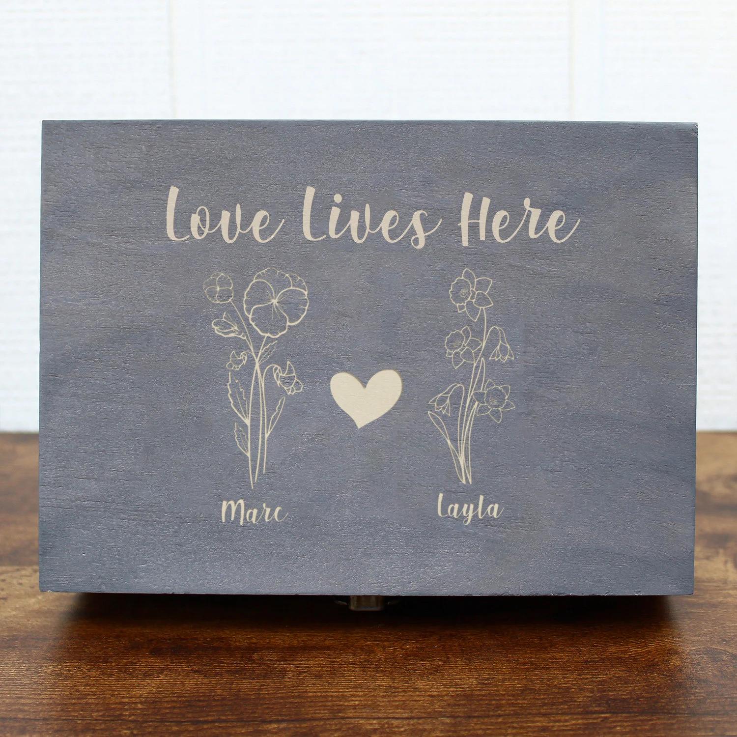 Personalized Birthflower Keepsake Box, Engraved Wood Memory Box, Custom Keepsake Box, Gift -Couple, Anniversary, Bridal Shower, Engagement. #Custom Gift #GiftIdeas #PersonalizedGifts #Weeding Gift #Anniversary Gift- ADD PERSONALIZATION IN THE NOTES