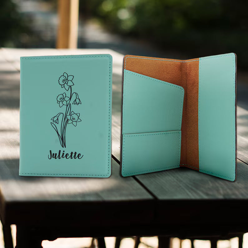 Birth Flower leather Passport Holder