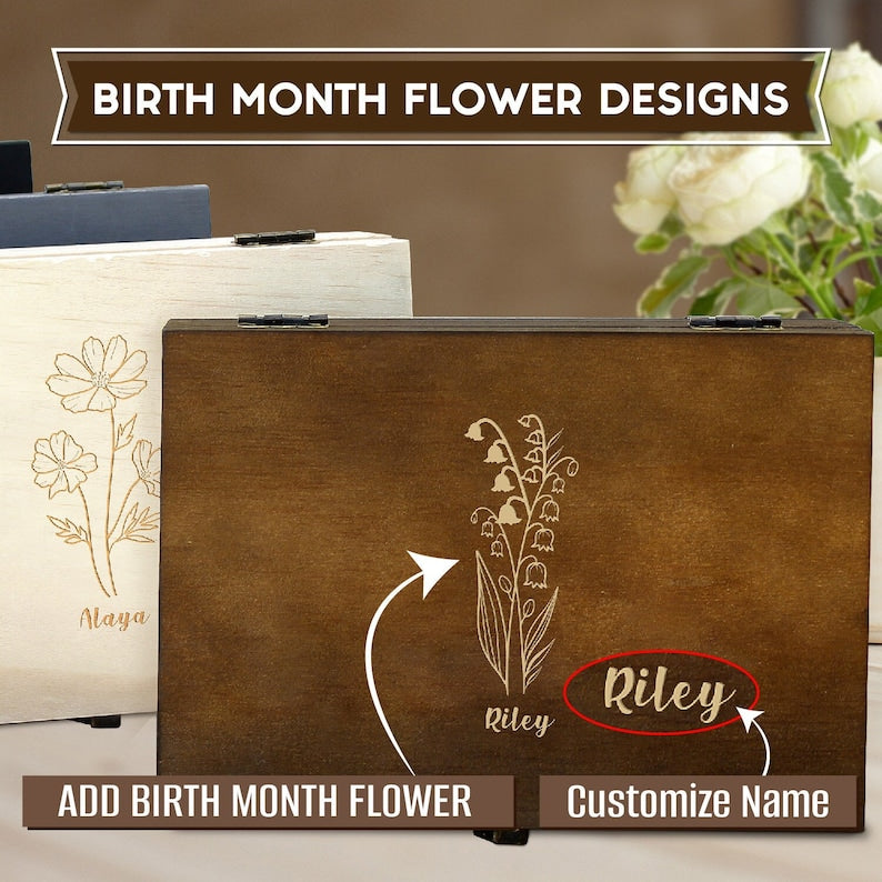 Wood Memory Boxes for Personalized Birth Flower