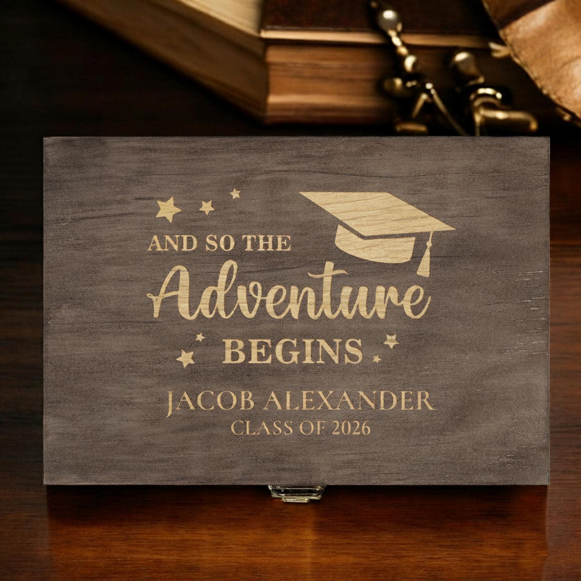 Custom Engraved Graduation Box – Rustic Wooden Keepsake Organizer