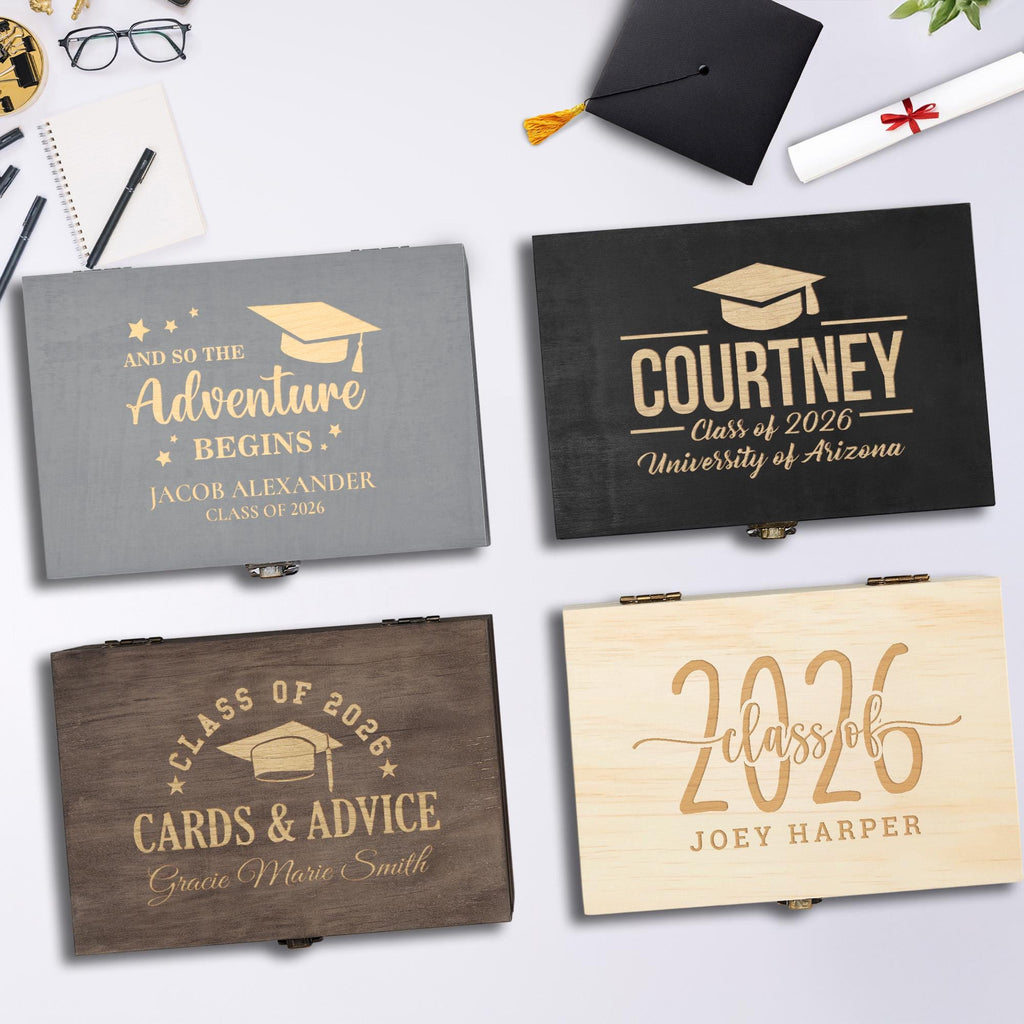 Custom Engraved Graduation Box – Rustic Wooden Keepsake Organizer